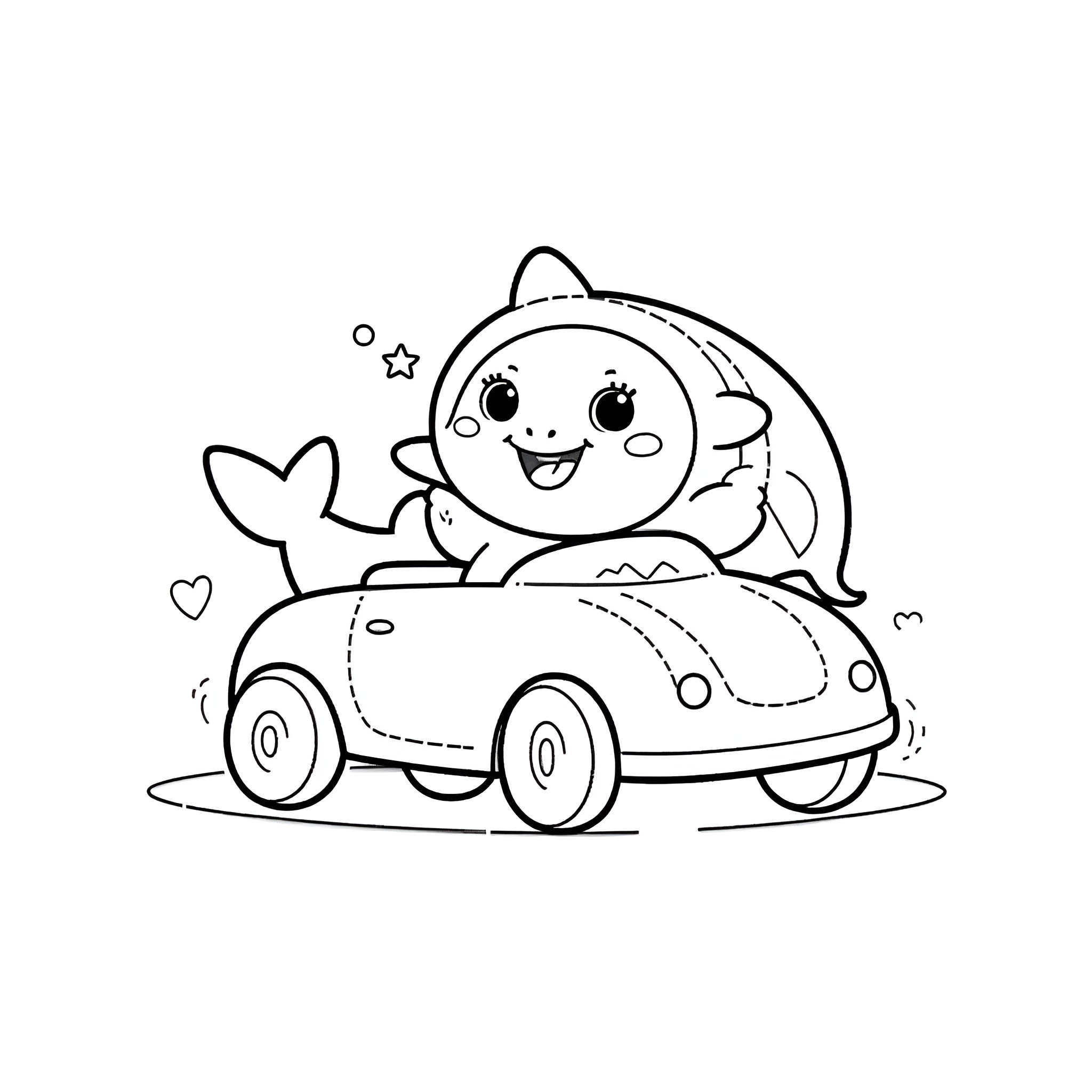 Baby Shark driving a cute car Coloring Page (free black-and-white line drawing printable PDF for all, from beginners to advanced learners, including children, teens, adults, and seniors)