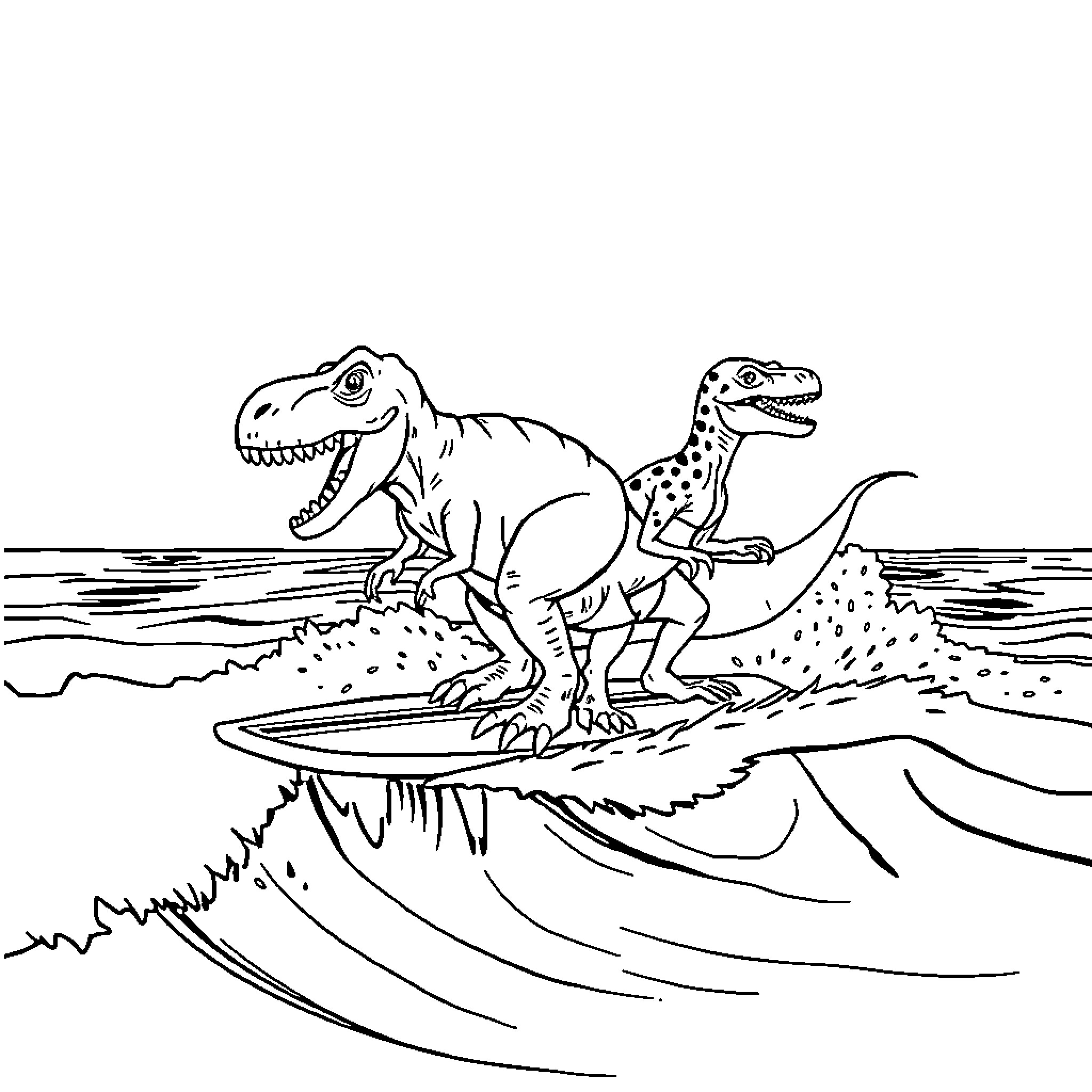 Dinosaurs surfing on ocean waves Coloring Page (free black-and-white line drawing printable PDF for all, from beginners to advanced learners, including children, teens, adults, and seniors)