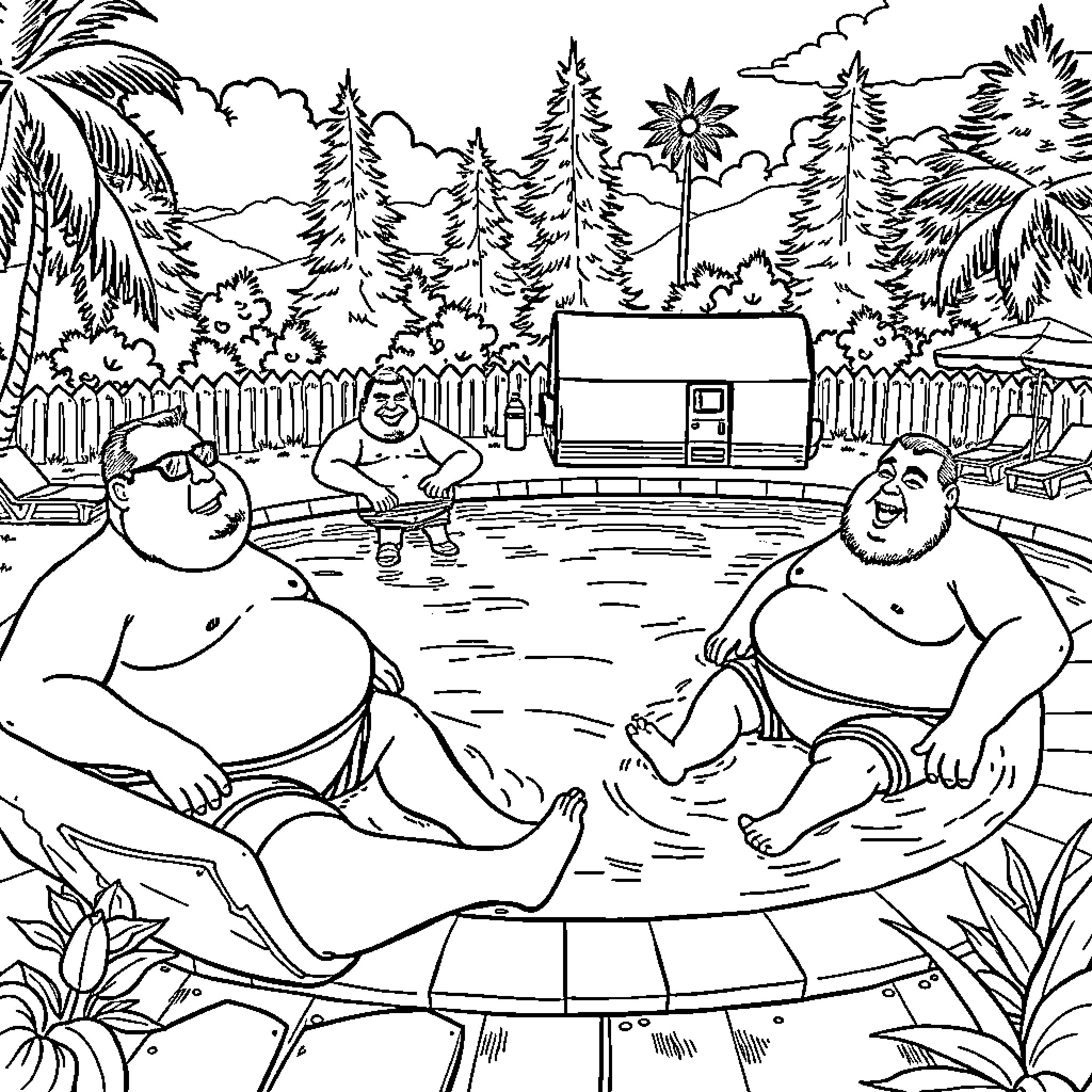 Guy relaxing in the outdoor hot tub with friends Coloring Page (free black-and-white line drawing printable PDF for all, from beginners to advanced learners, including children, teens, adults, and seniors)