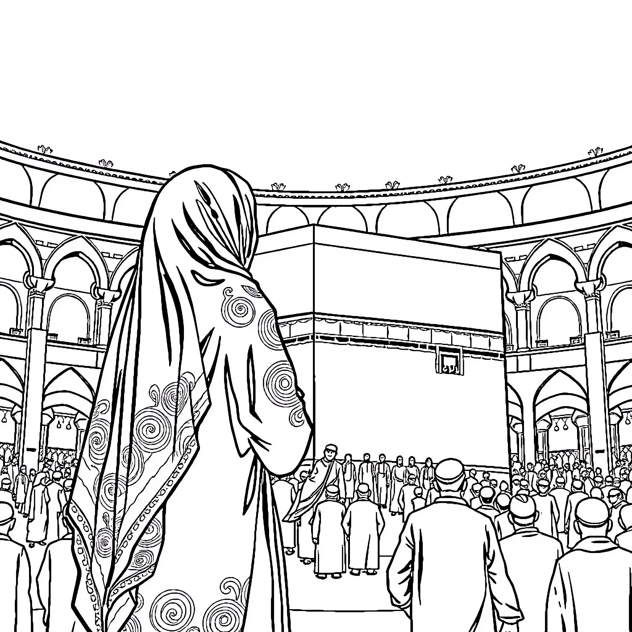 Hijabi at the Mosque Entrance Coloring Page (free black-and-white line drawing printable PDF for all, from beginners to advanced learners, including children, teens, adults, and seniors)