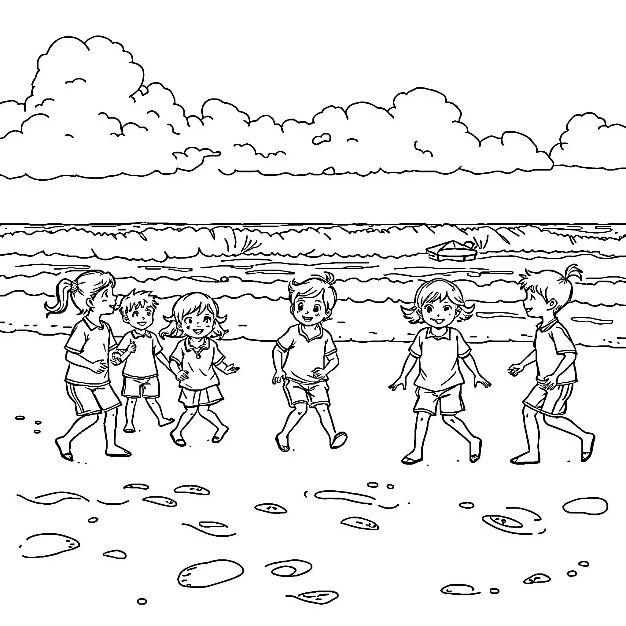 Children playing joyfully on the beach Coloring Page (free black-and-white line drawing printable PDF for all, from beginners to advanced learners, including children, teens, adults, and seniors)