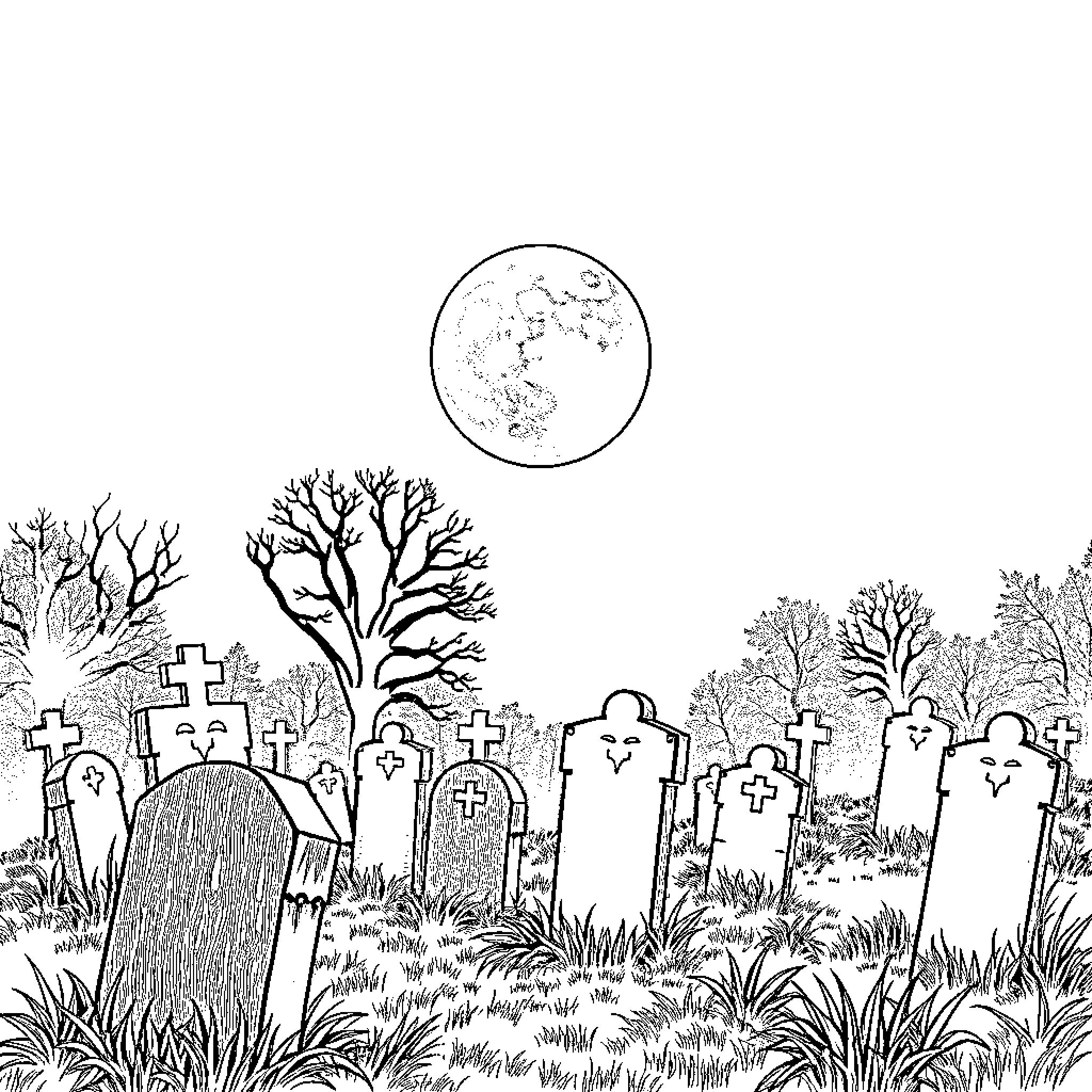 Moon rises over the graveyard Coloring Page (free black-and-white line drawing printable PDF for all, from beginners to advanced learners, including children, teens, adults, and seniors)