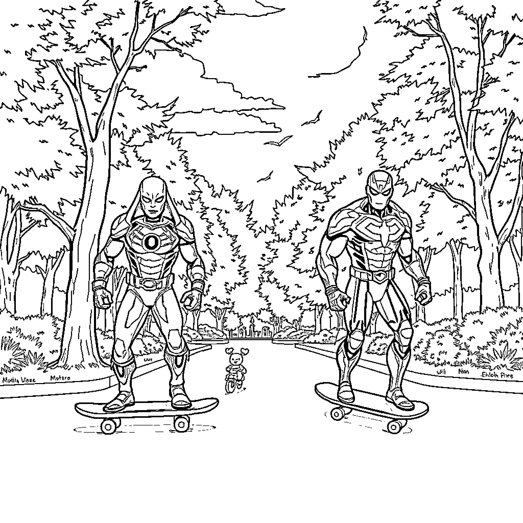 Skateboard heroes in the forest Coloring Page (free black-and-white line drawing printable PDF for all, from beginners to advanced learners, including children, teens, adults, and seniors)