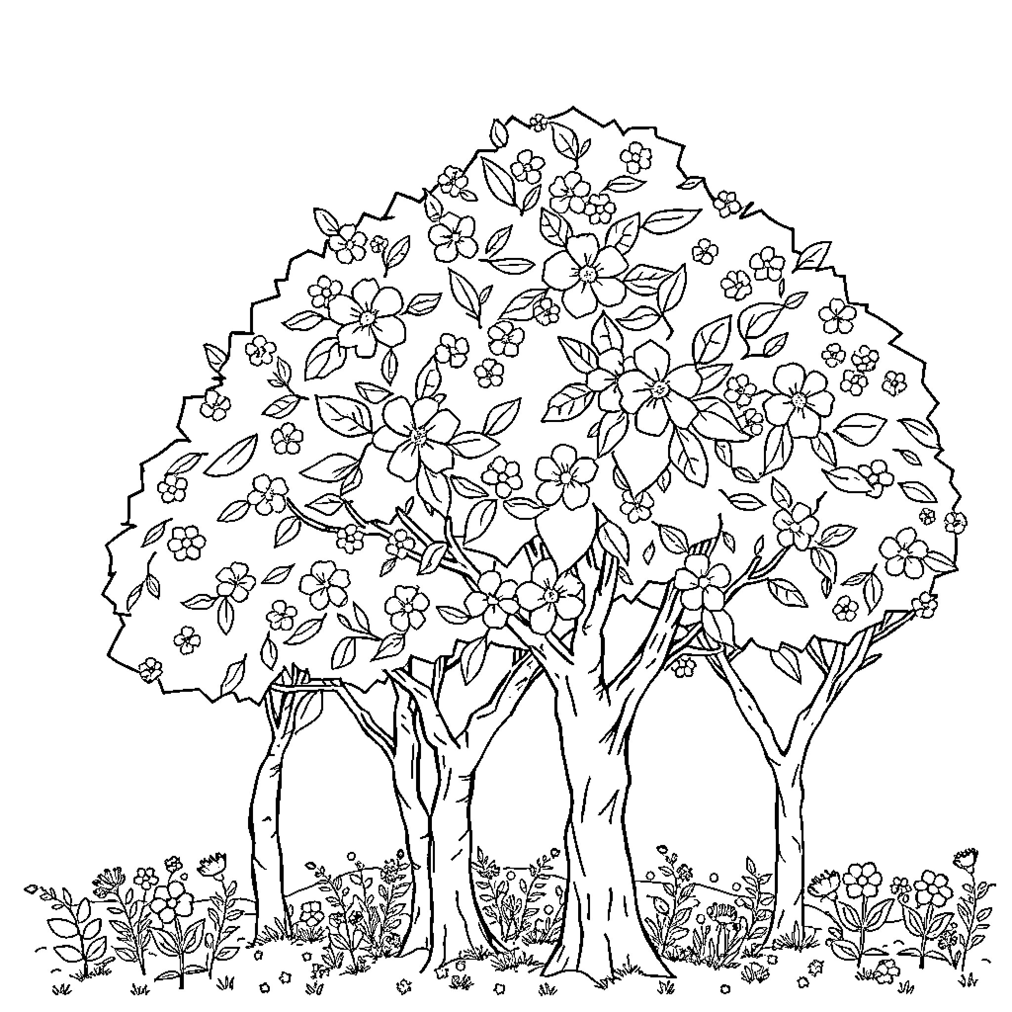 Tree with Delicate Floral Blooms Coloring Page (free black-and-white line drawing printable PDF for all, from beginners to advanced learners, including children, teens, adults, and seniors)