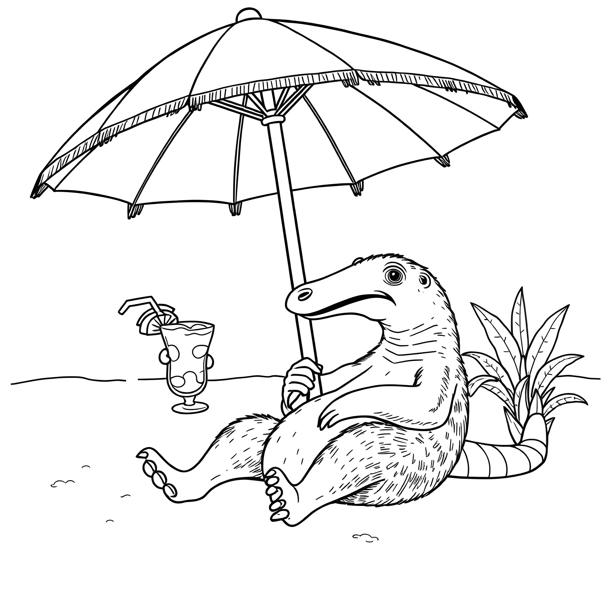 Anteater relaxing under a parasol with a drink Coloring Page (free black-and-white line drawing printable PDF for all, from beginners to advanced learners, including children, teens, adults, and seniors)