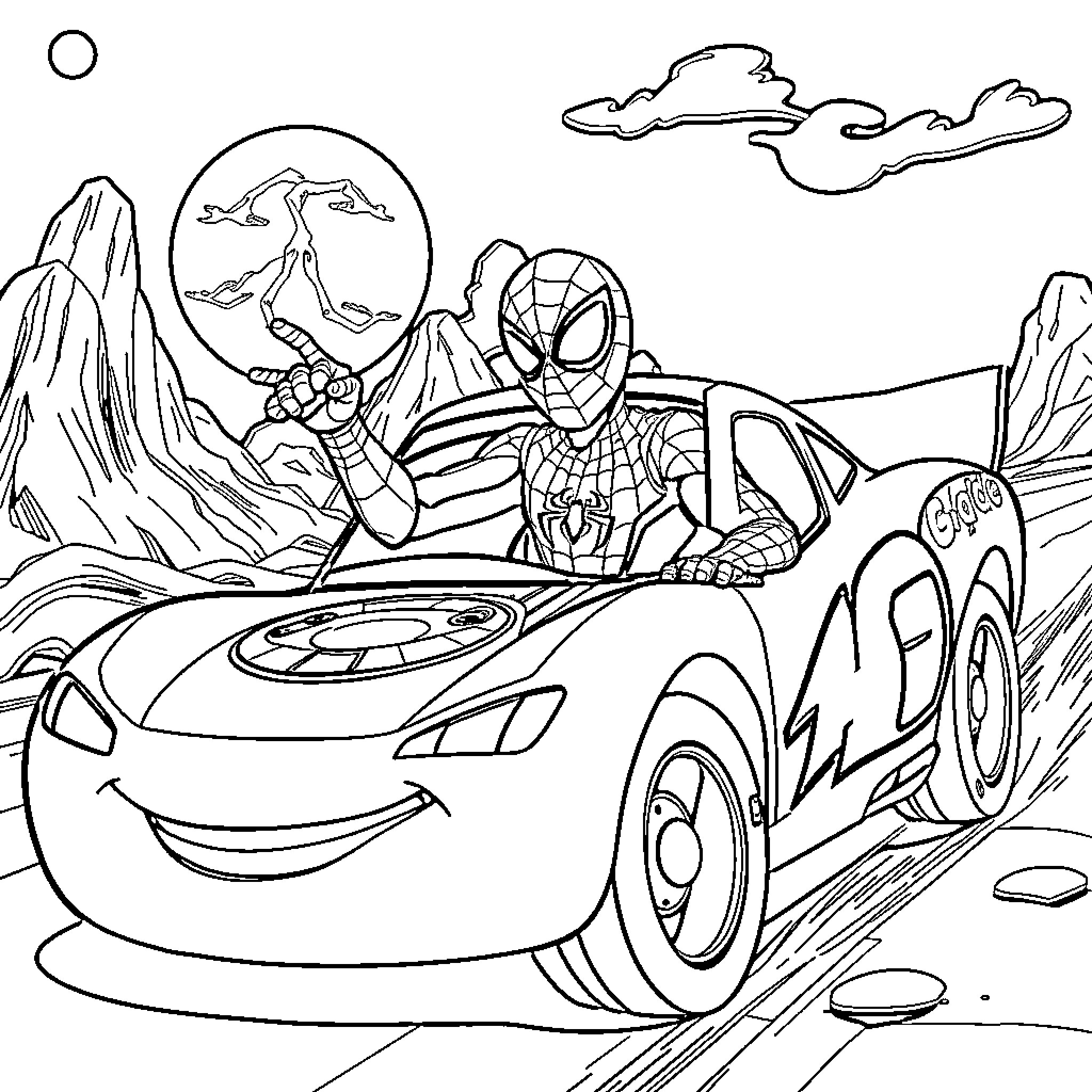 Spiderman racing his sports car through the desert Coloring Page (free black-and-white line drawing printable PDF for all, from beginners to advanced learners, including children, teens, adults, and seniors)