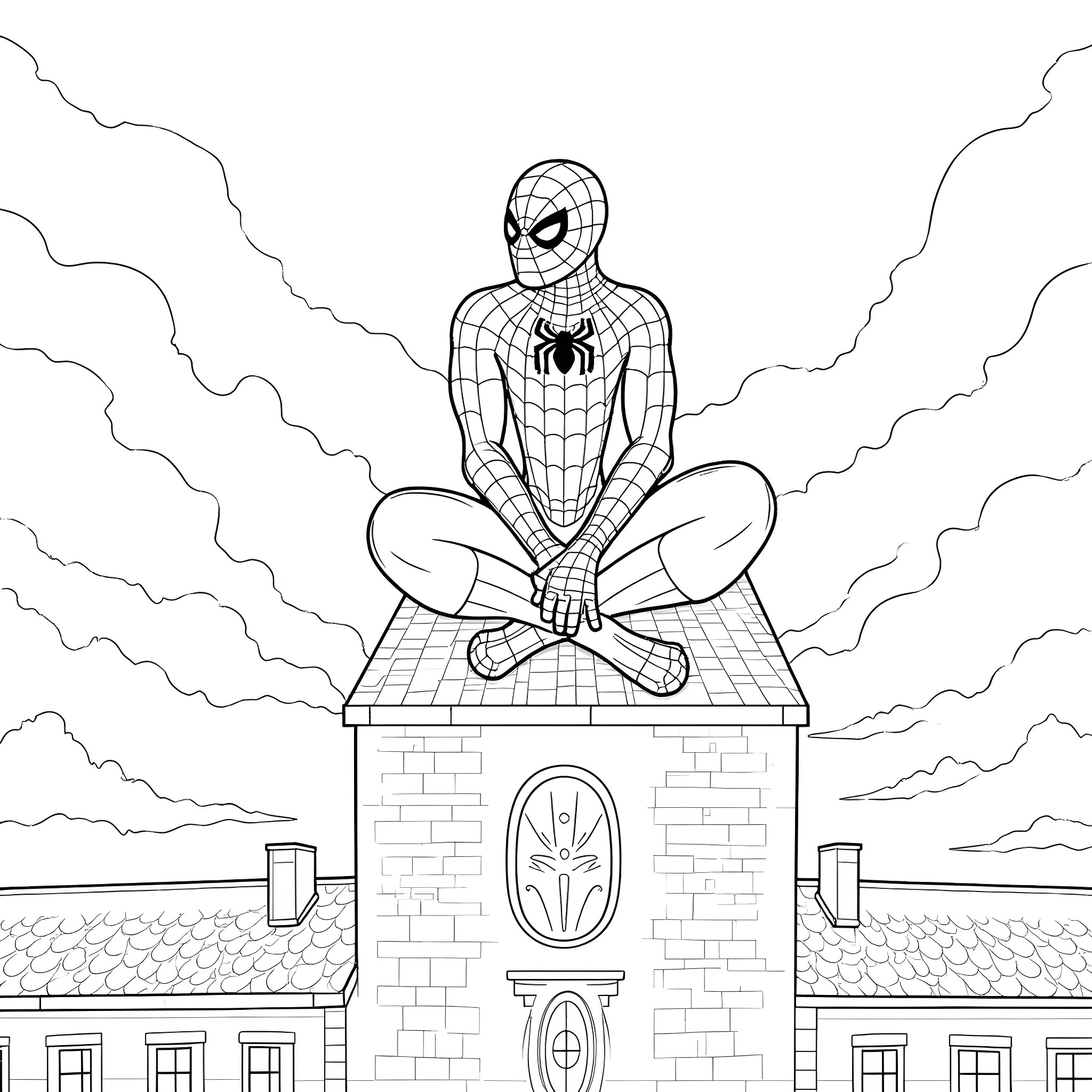 Spider-Man meditating on a brick structure Coloring Page (free black-and-white line drawing printable PDF for all, from beginners to advanced learners, including children, teens, adults, and seniors)
