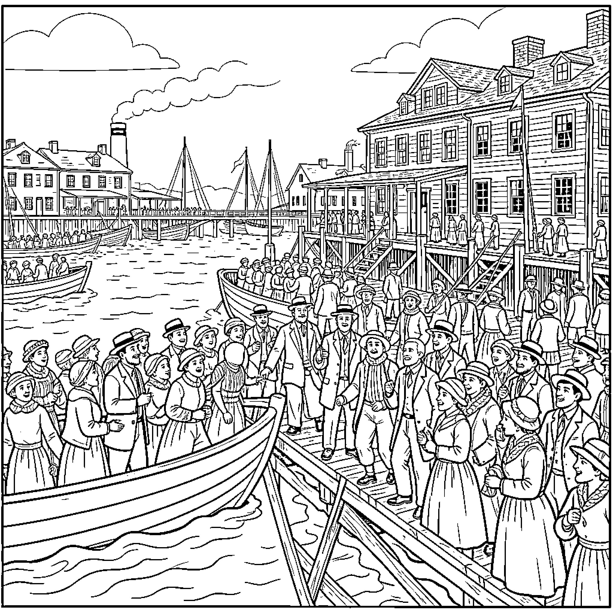 Immigration: Crowded harbor scene with arrivals and departures Coloring Page (free black-and-white line drawing printable PDF for all, from beginners to advanced learners, including children, teens, adults, and seniors)