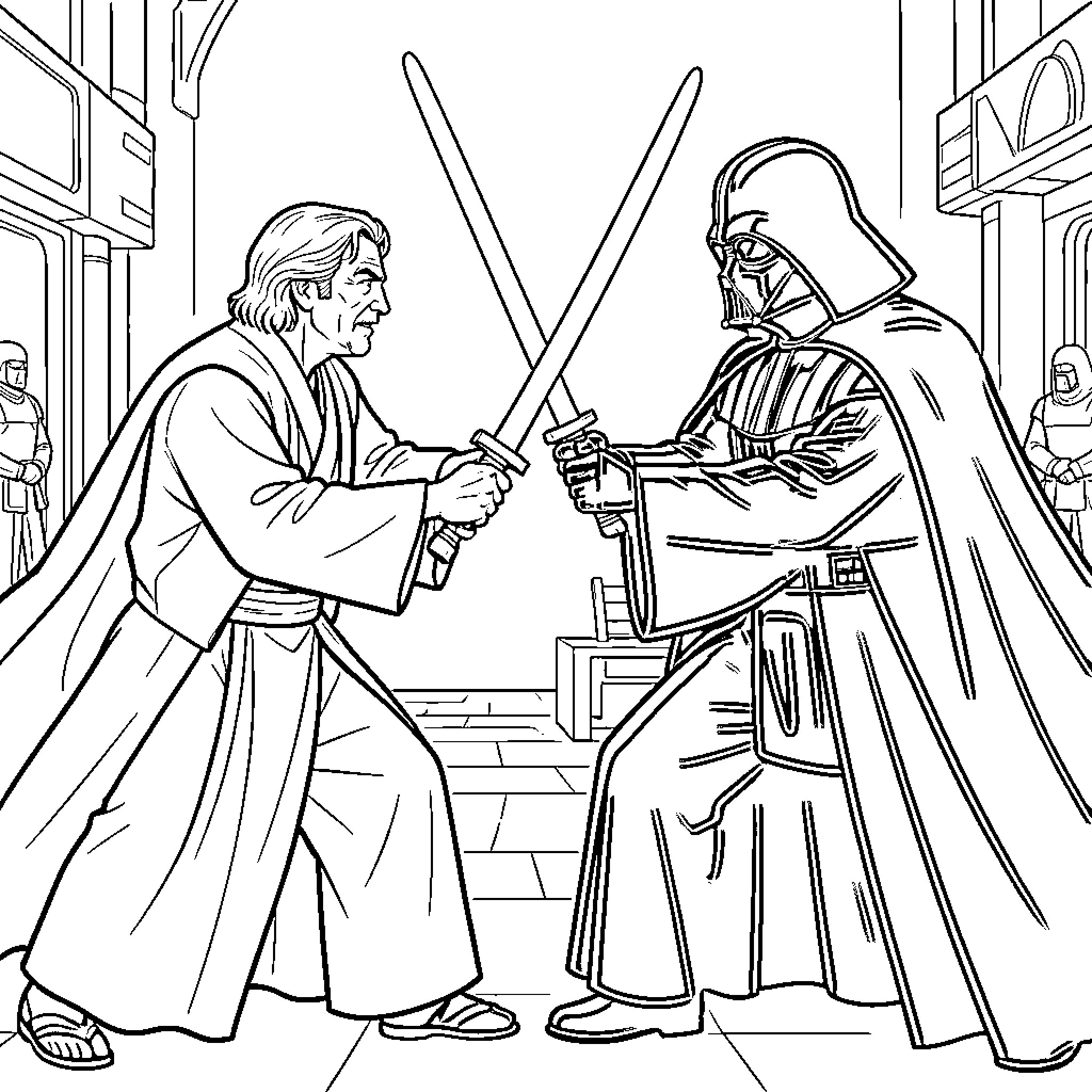Obwan and a masked warrior dueling with swords Coloring Page (free black-and-white line drawing printable PDF for all, from beginners to advanced learners, including children, teens, adults, and seniors)