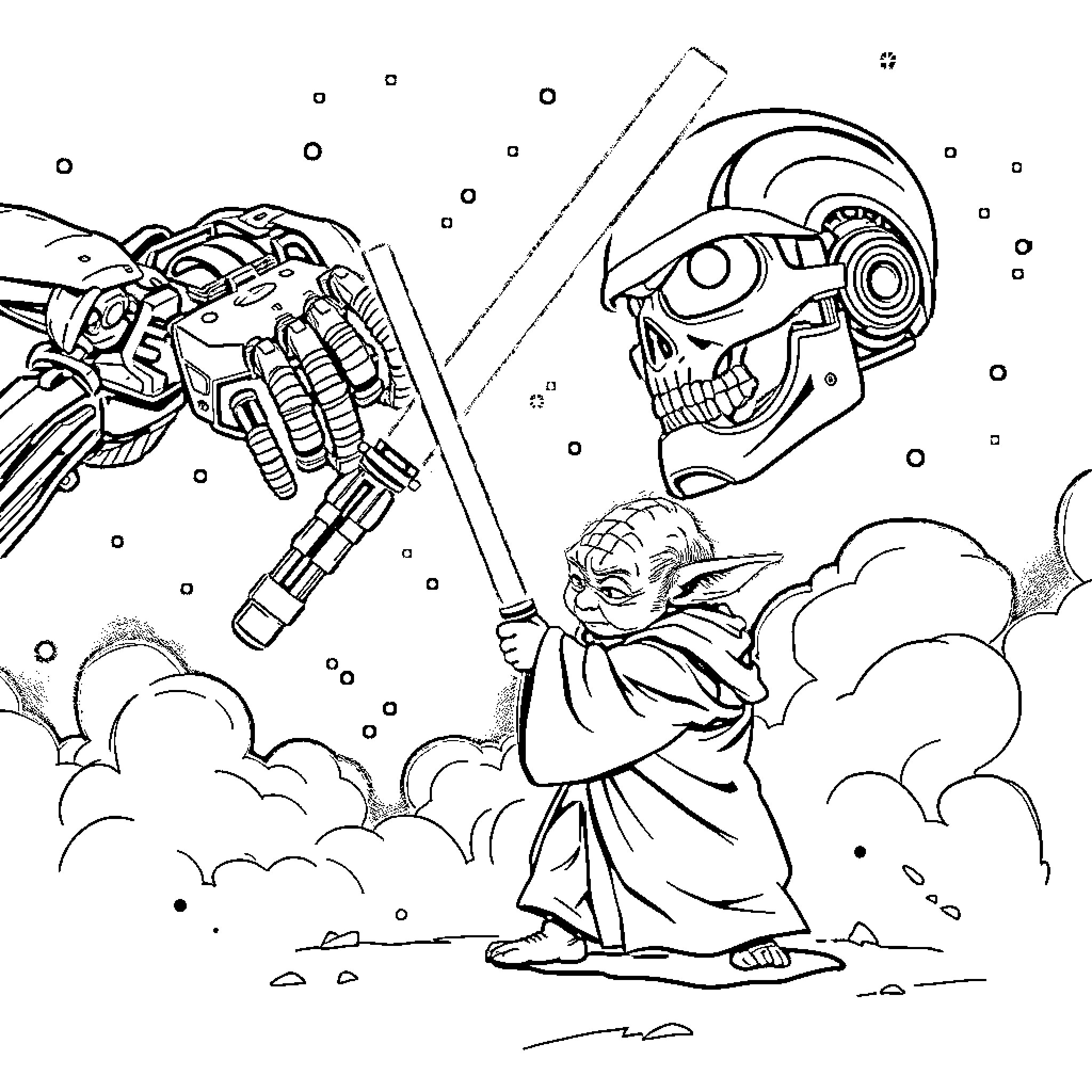 Yoda wielding a lightsaber against a robotic foe Coloring Page (free black-and-white line drawing printable PDF for all, from beginners to advanced learners, including children, teens, adults, and seniors)