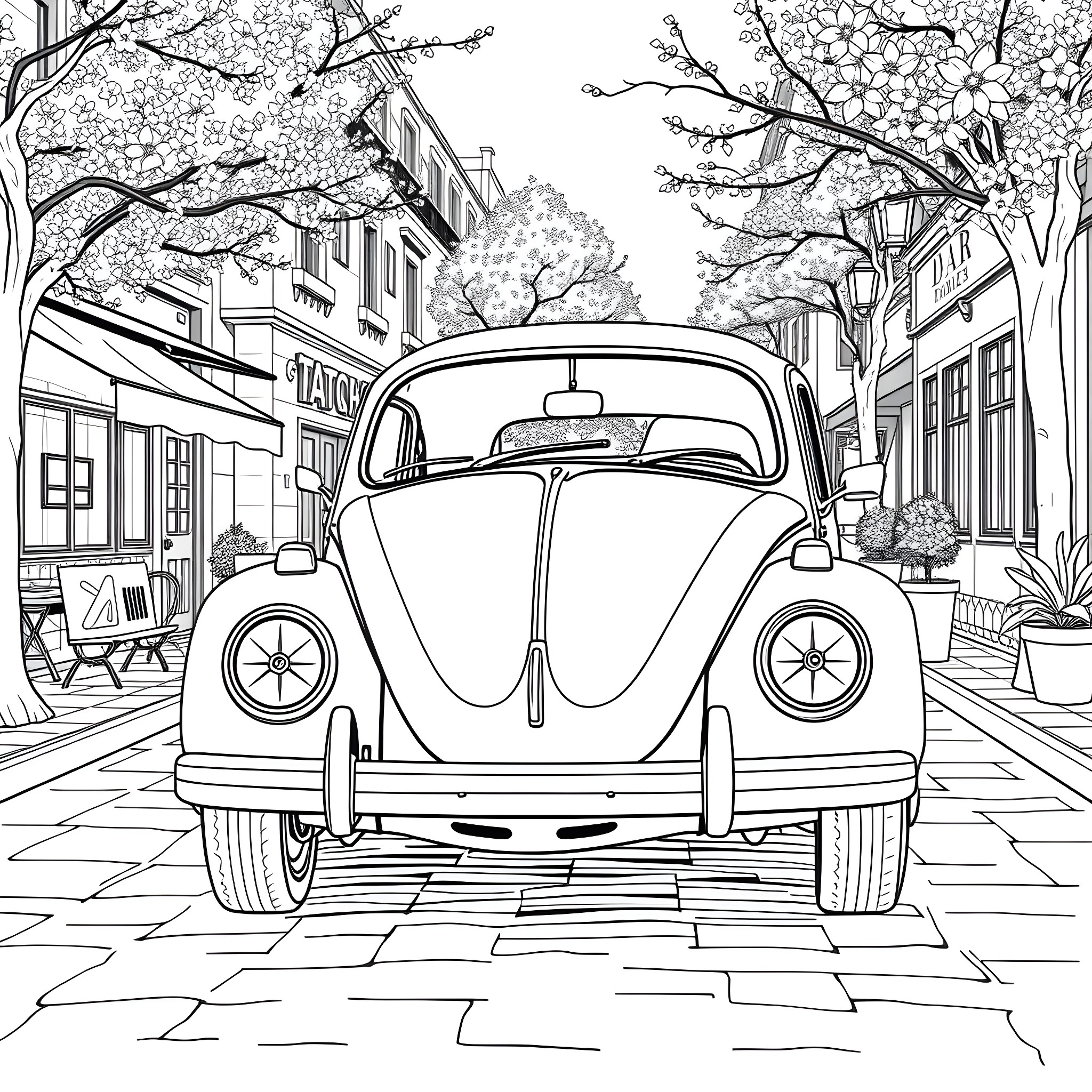 Beetle classic car on a scenic city street Coloring Page (free black-and-white line drawing printable PDF for all, from beginners to advanced learners, including children, teens, adults, and seniors)