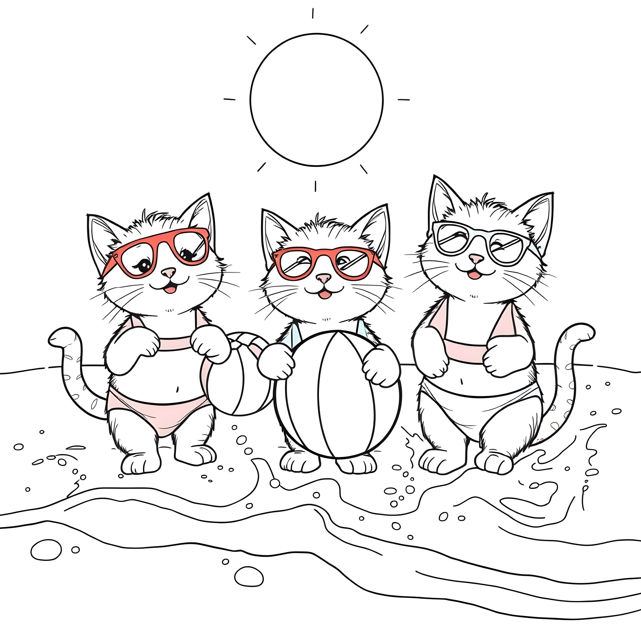Kitty Cats Enjoying the Sunny Day Coloring Page (free black-and-white line drawing printable PDF for all, from beginners to advanced learners, including children, teens, adults, and seniors)