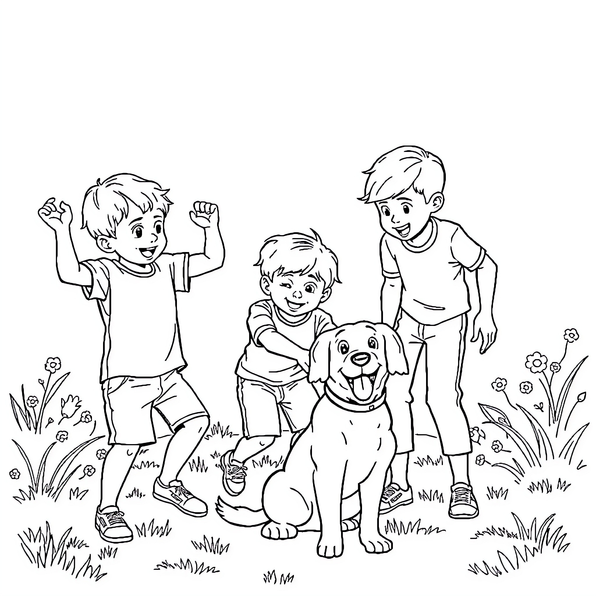 Family playing happily with their pet dog outdoors Coloring Page (free black-and-white line drawing printable PDF for all, from beginners to advanced learners, including children, teens, adults, and seniors)