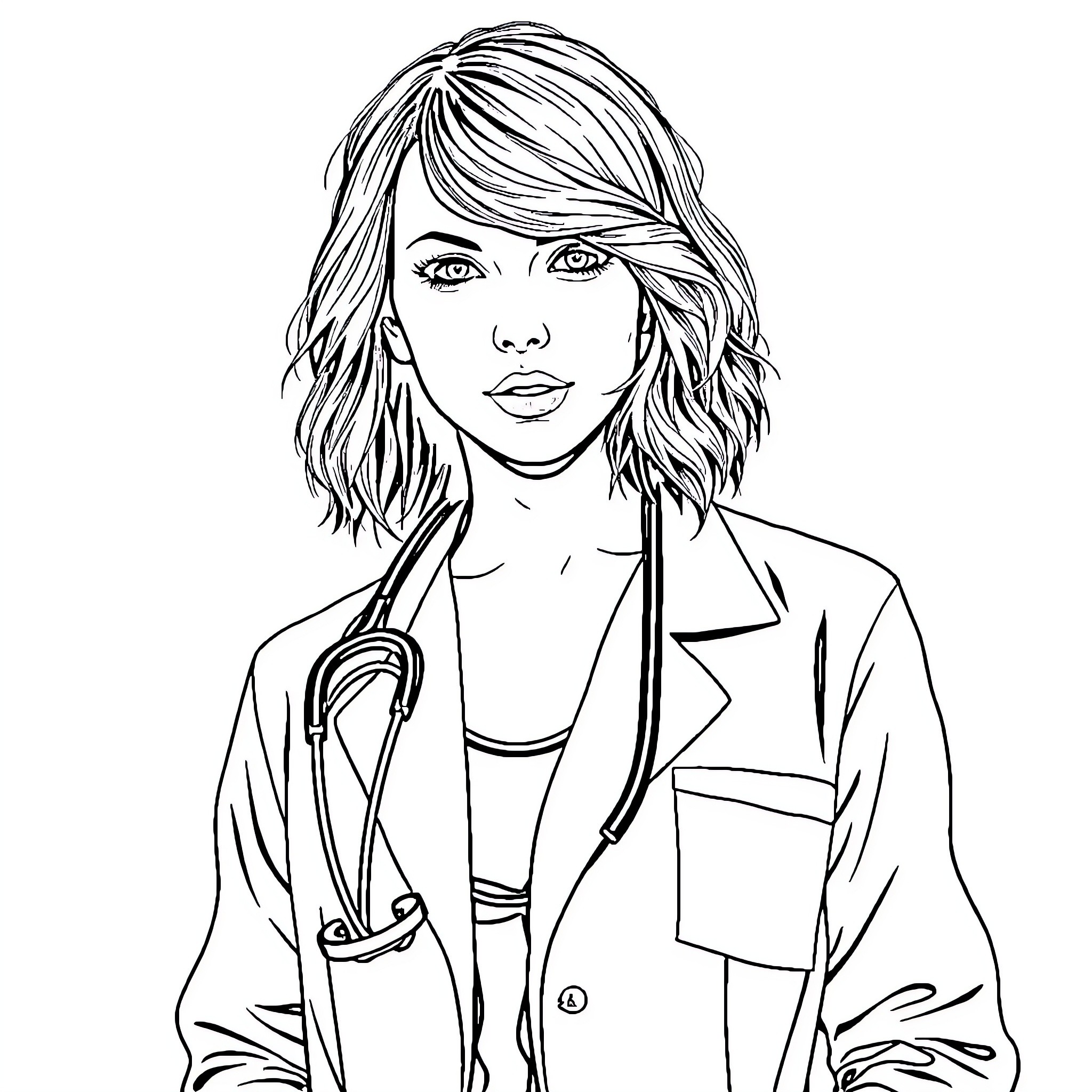 Taylor Swift in a professional medical attire Coloring Page (free black-and-white line drawing printable PDF for all, from beginners to advanced learners, including children, teens, adults, and seniors)