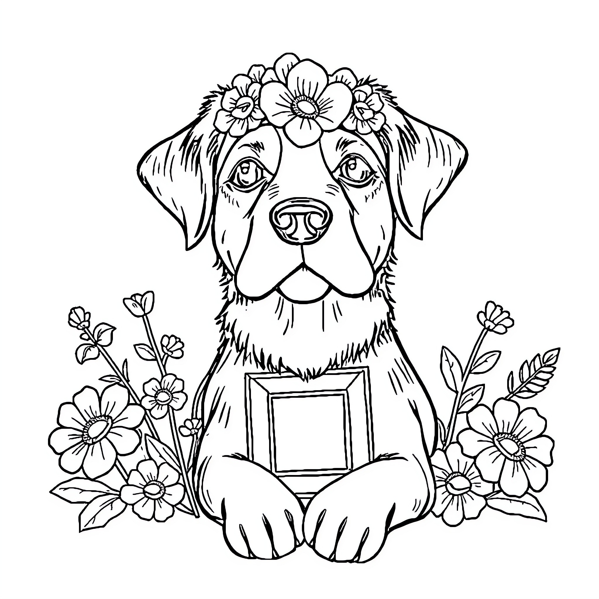 Dog sitting with flower crown Coloring Page (free black-and-white line drawing printable PDF for all, from beginners to advanced learners, including children, teens, adults, and seniors)