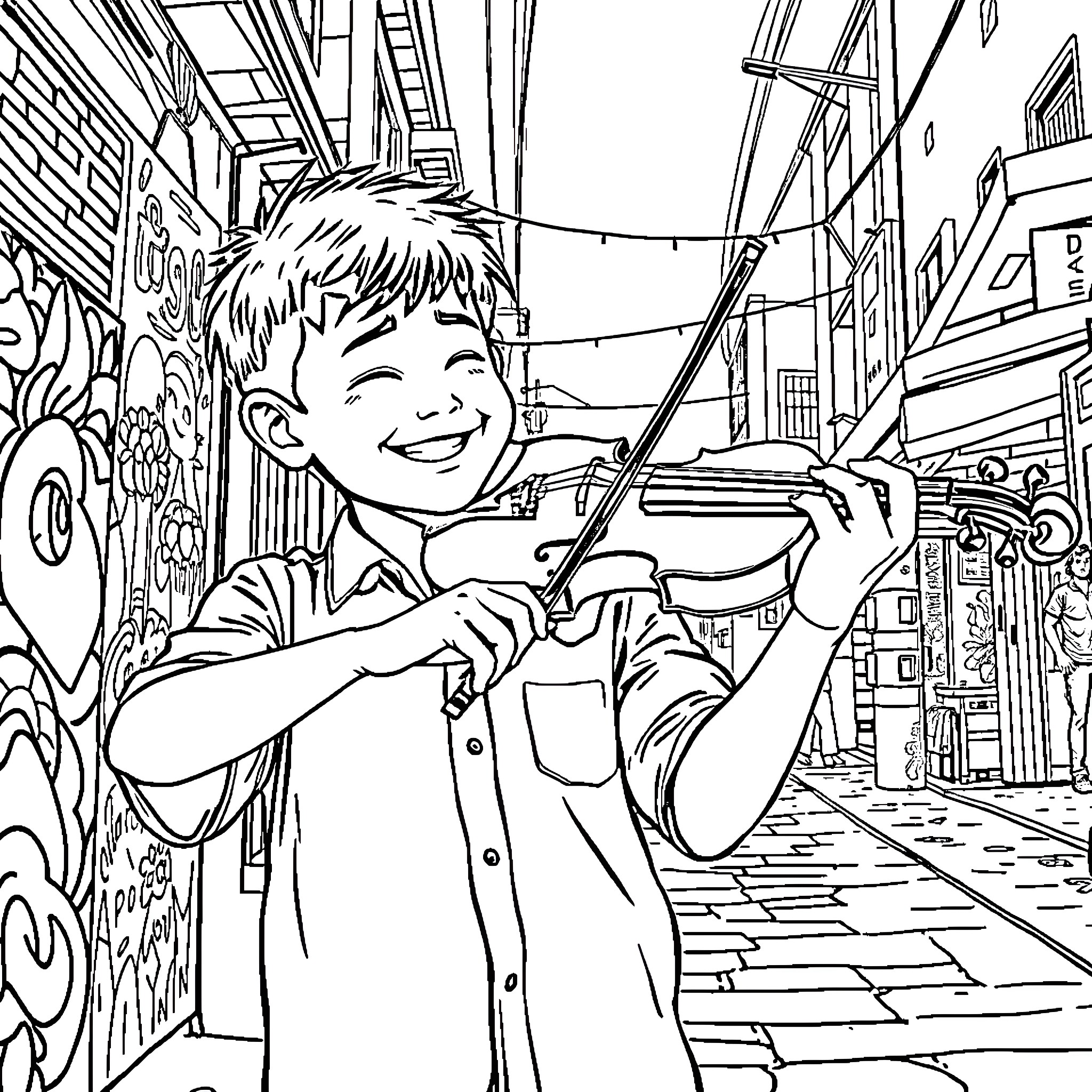 Boy playing the violin on a city street Coloring Page (free black-and-white line drawing printable PDF for all, from beginners to advanced learners, including children, teens, adults, and seniors)
