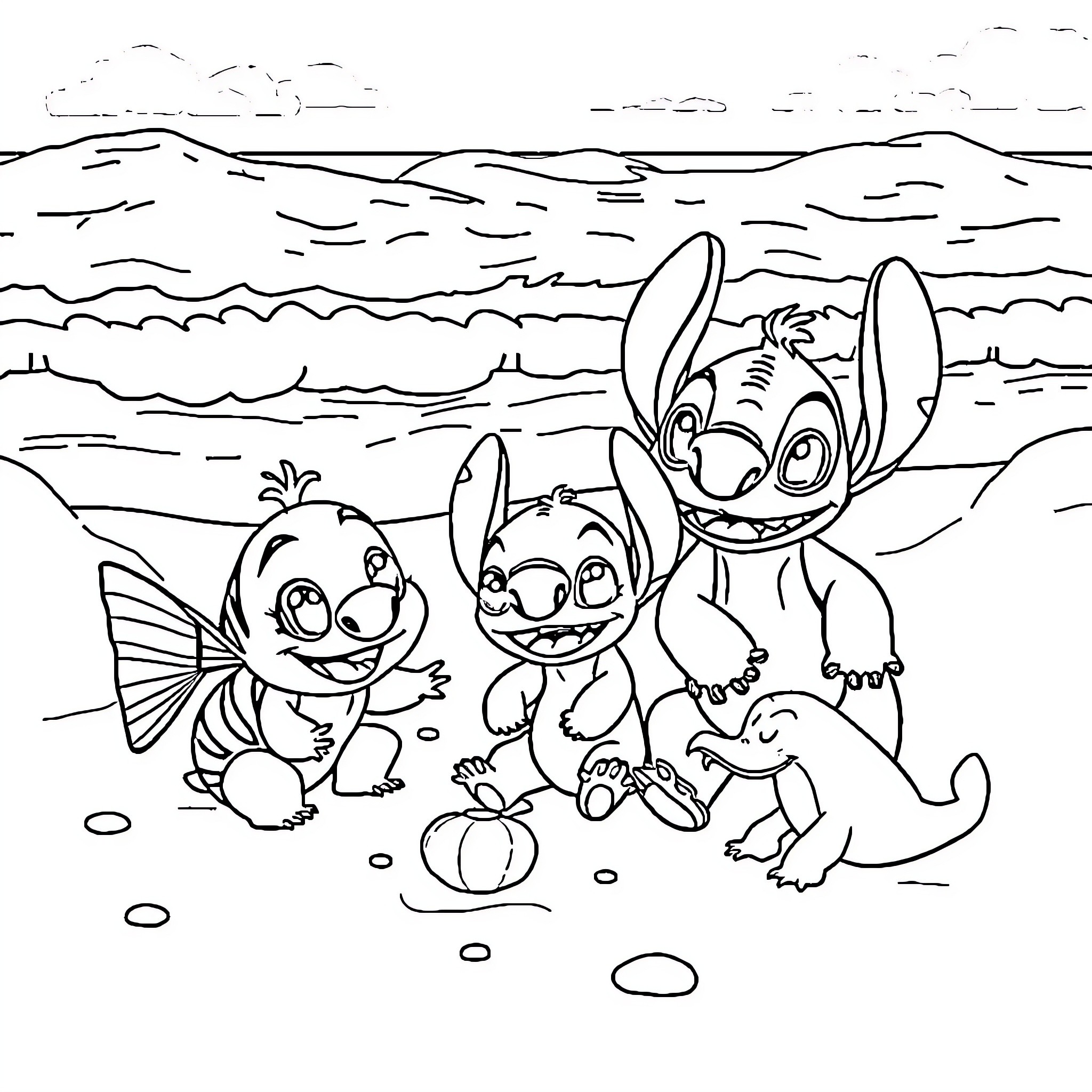 Bing-bong friends playing on the beach Coloring Page (free black-and-white line drawing printable PDF for all, from beginners to advanced learners, including children, teens, adults, and seniors)