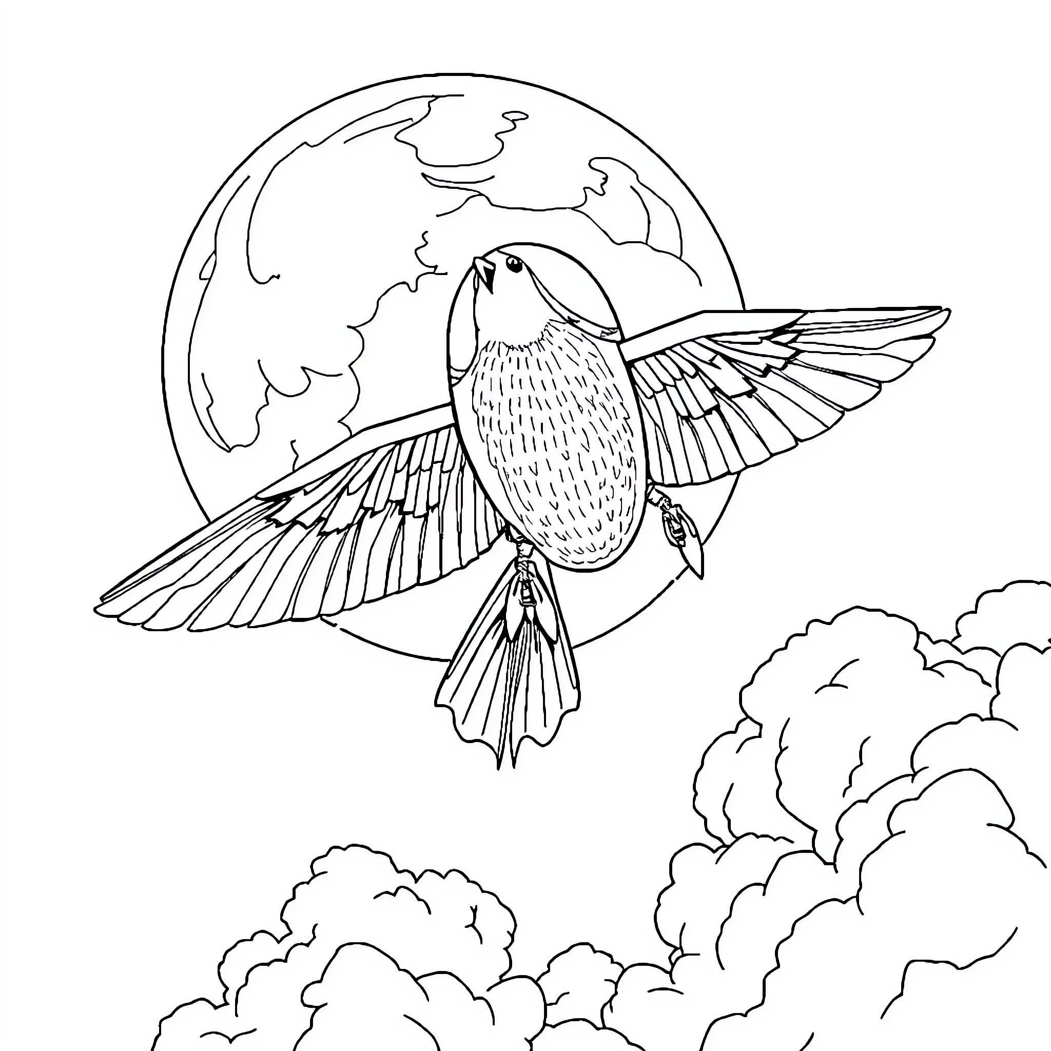 Car with wings soaring above the clouds Coloring Page (free black-and-white line drawing printable PDF for all, from beginners to advanced learners, including children, teens, adults, and seniors)