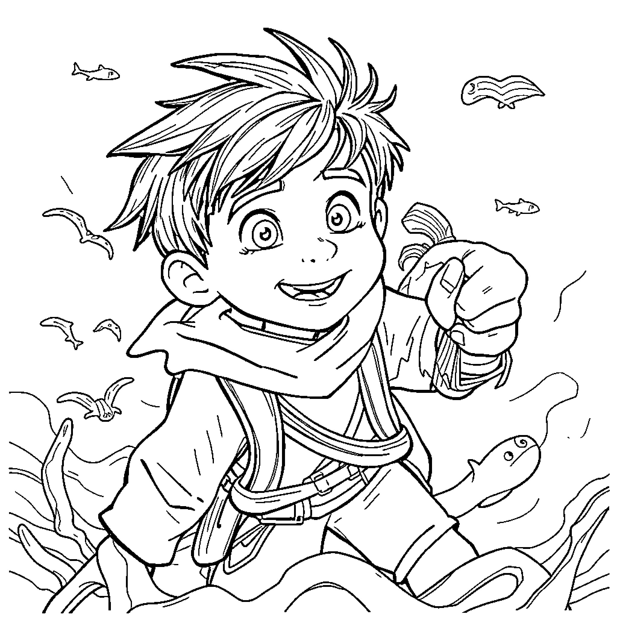 Sea Beast adventuring under the sea Coloring Page (free black-and-white line drawing printable PDF for all, from beginners to advanced learners, including children, teens, adults, and seniors)