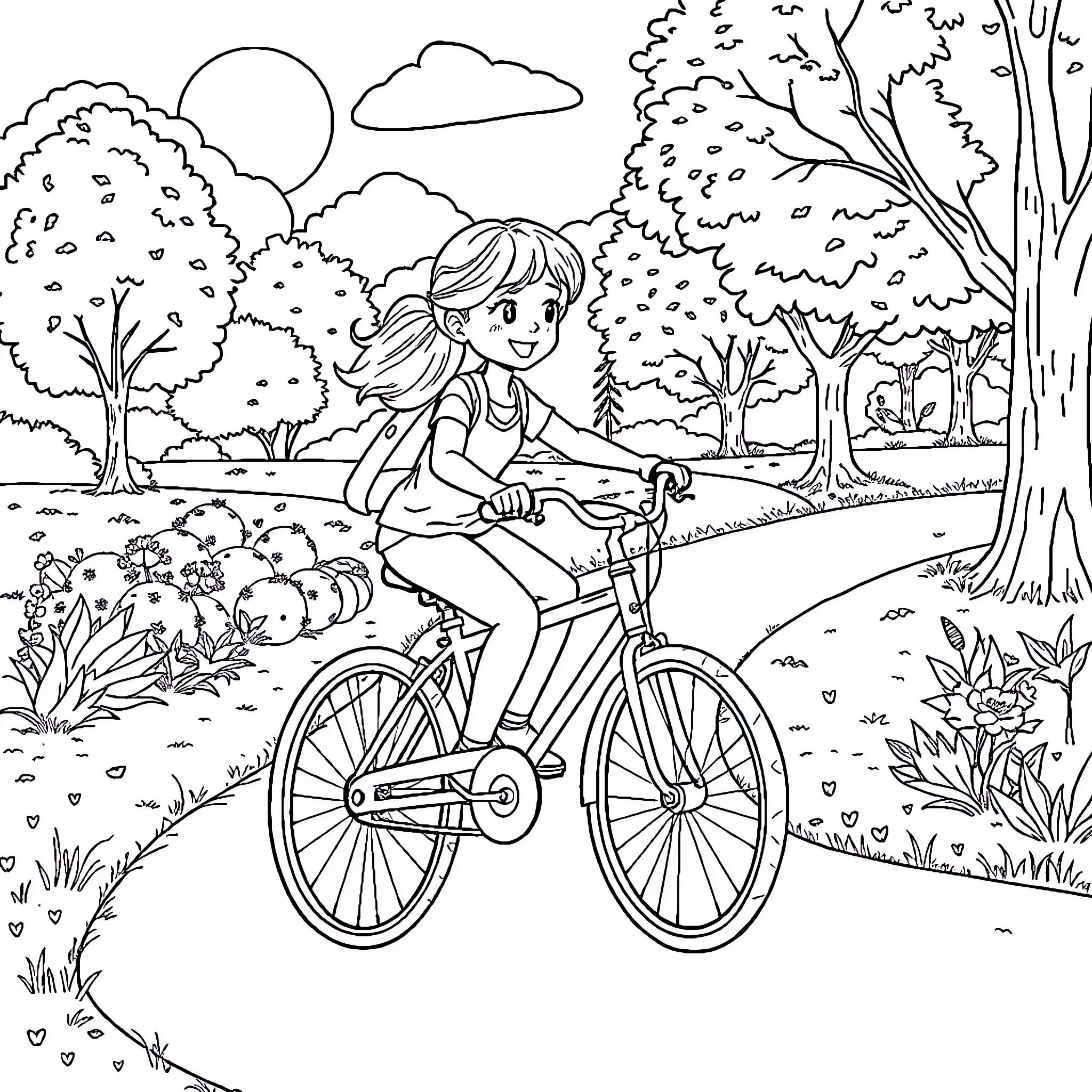 Chloe's Bicycle Adventure Through the Enchanted Forest Coloring Page (free black-and-white line drawing printable PDF for all, from beginners to advanced learners, including children, teens, adults, and seniors)