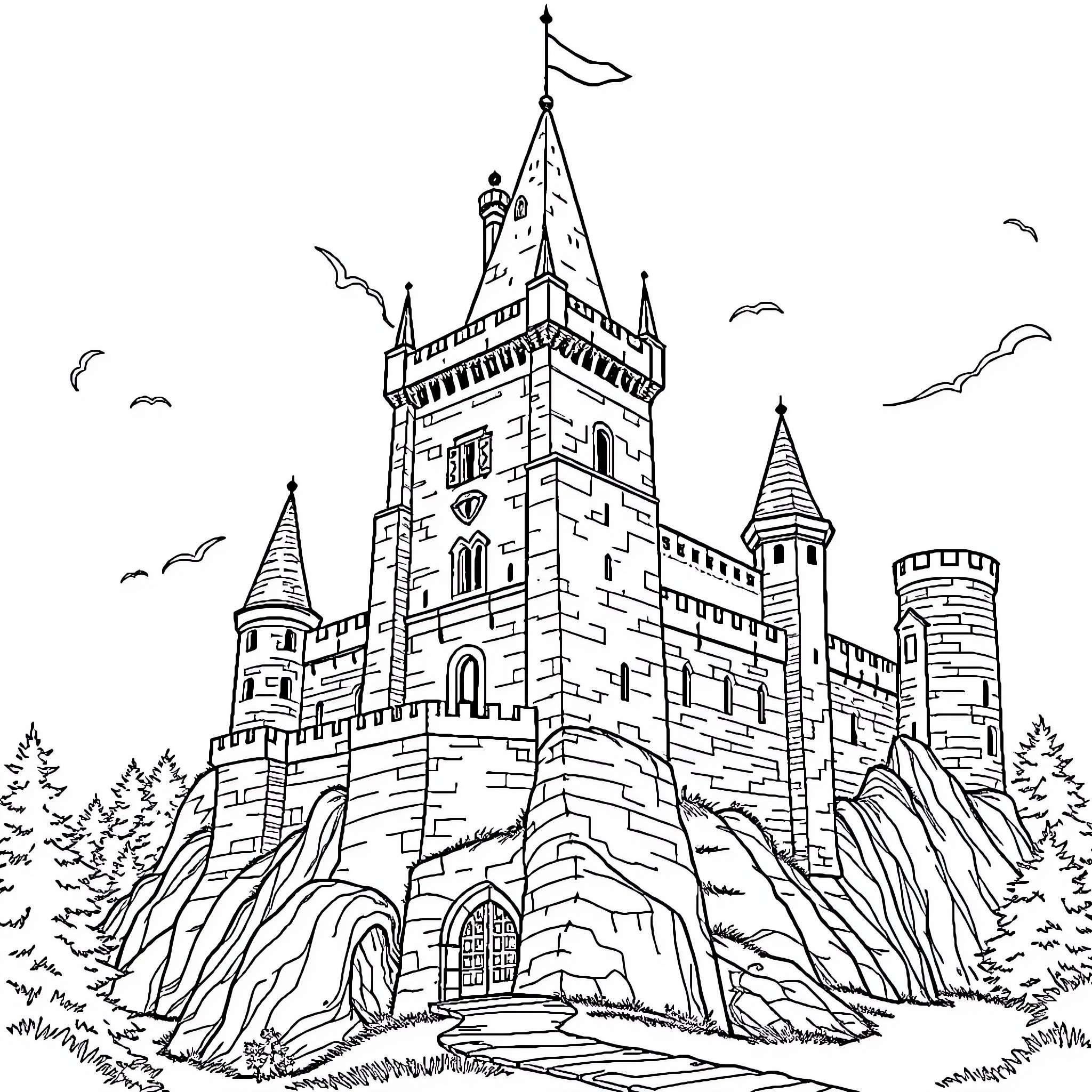 Castle of Mystery and Grandeur Coloring Page (free black-and-white line drawing printable PDF for all, from beginners to advanced learners, including children, teens, adults, and seniors)