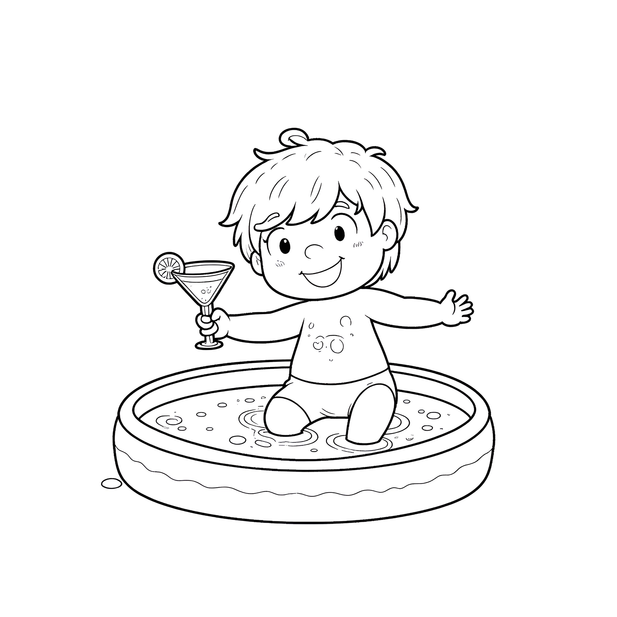 Toddler enjoying a refreshing drink in the pool Coloring Page (free black-and-white line drawing printable PDF for all, from beginners to advanced learners, including children, teens, adults, and seniors)
