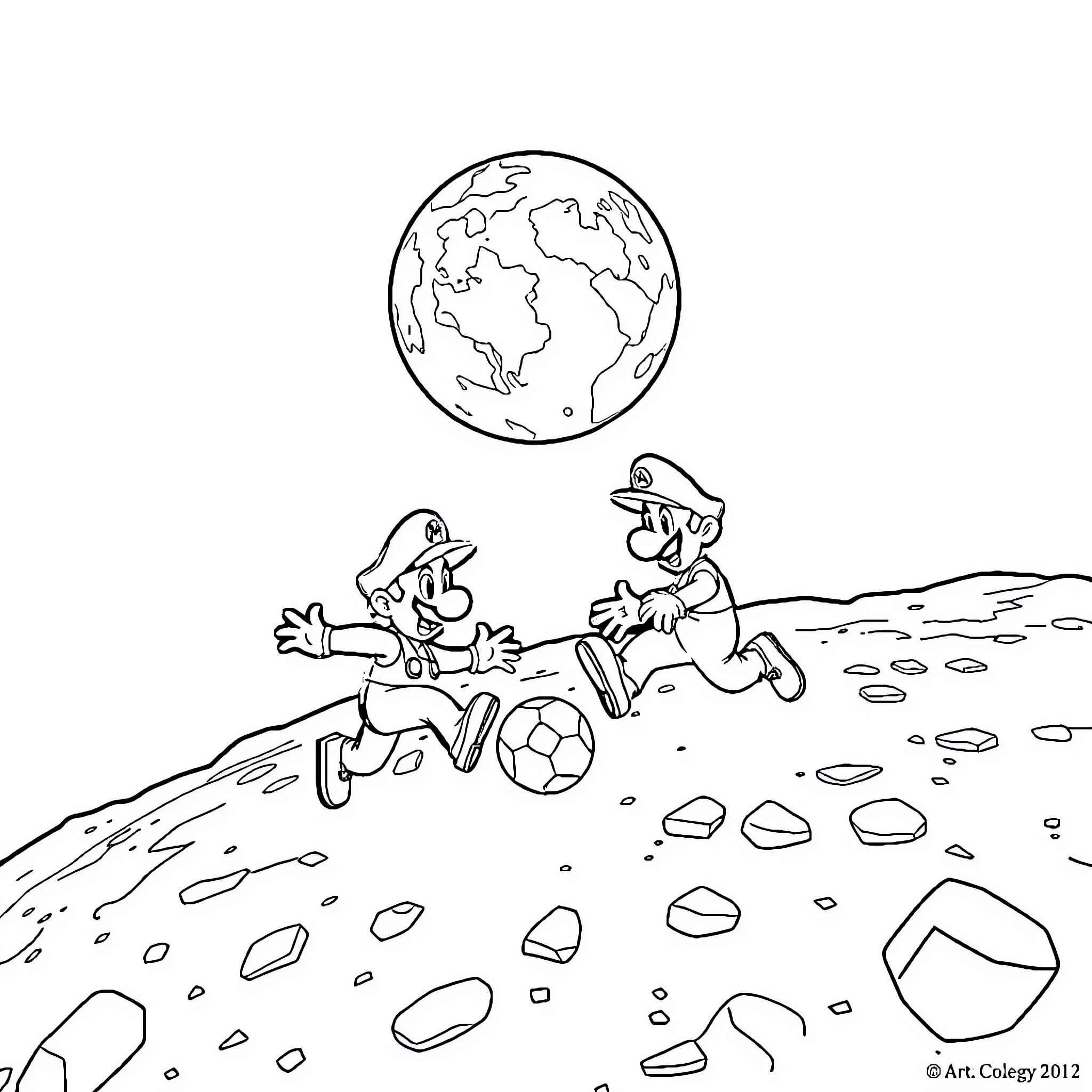 Mario's Adventurous Soccer Match Under the Moon Coloring Page (free black-and-white line drawing printable PDF for all, from beginners to advanced learners, including children, teens, adults, and seniors)