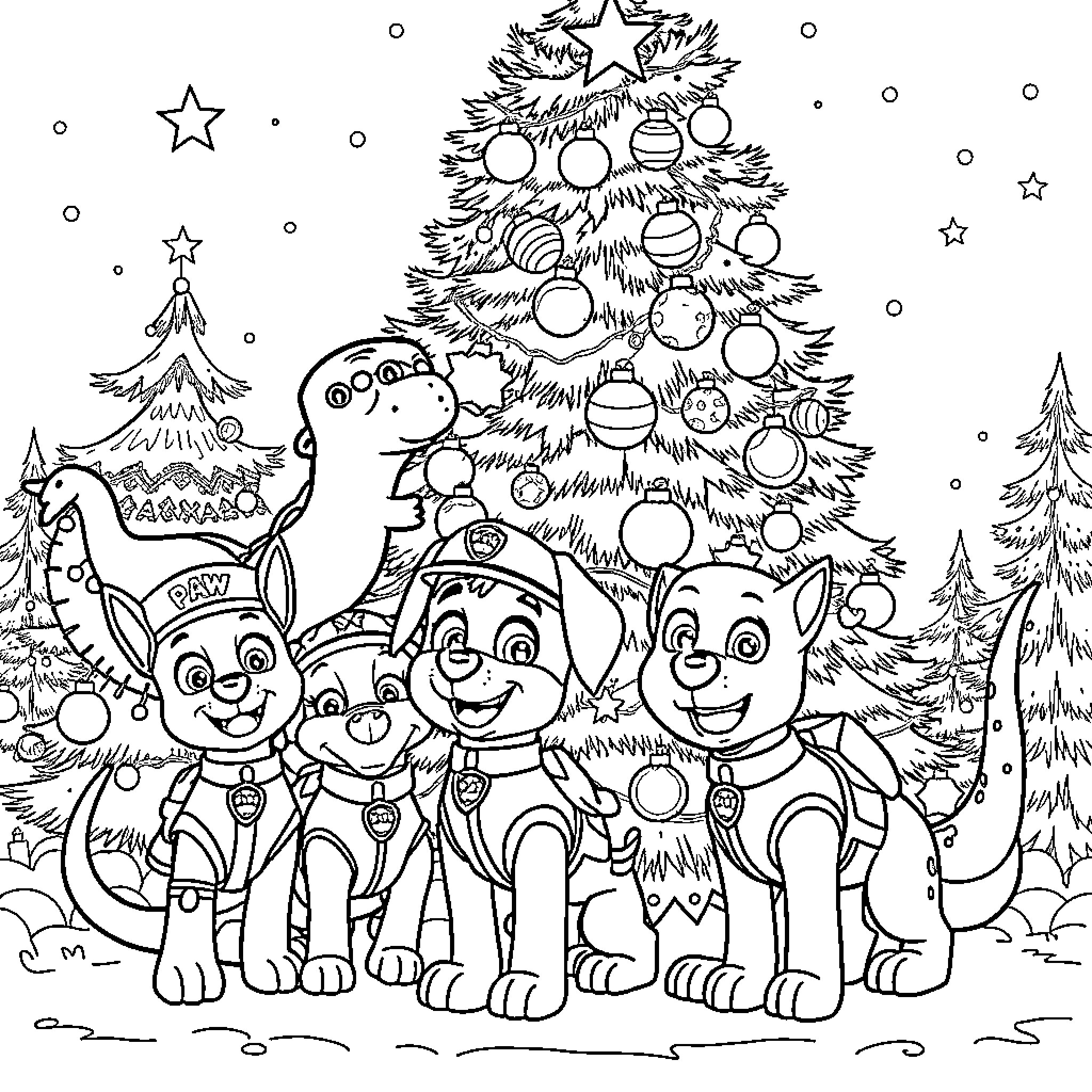 Paw Patrol pups celebrate the holidays together Coloring Page (free black-and-white line drawing printable PDF for all, from beginners to advanced learners, including children, teens, adults, and seniors)