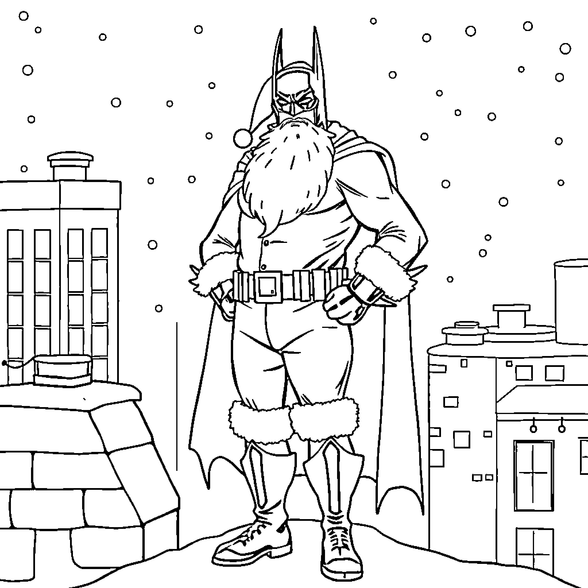 Batman in winter attire overlooking a snowy city Coloring Page (free black-and-white line drawing printable PDF for all, from beginners to advanced learners, including children, teens, adults, and seniors)