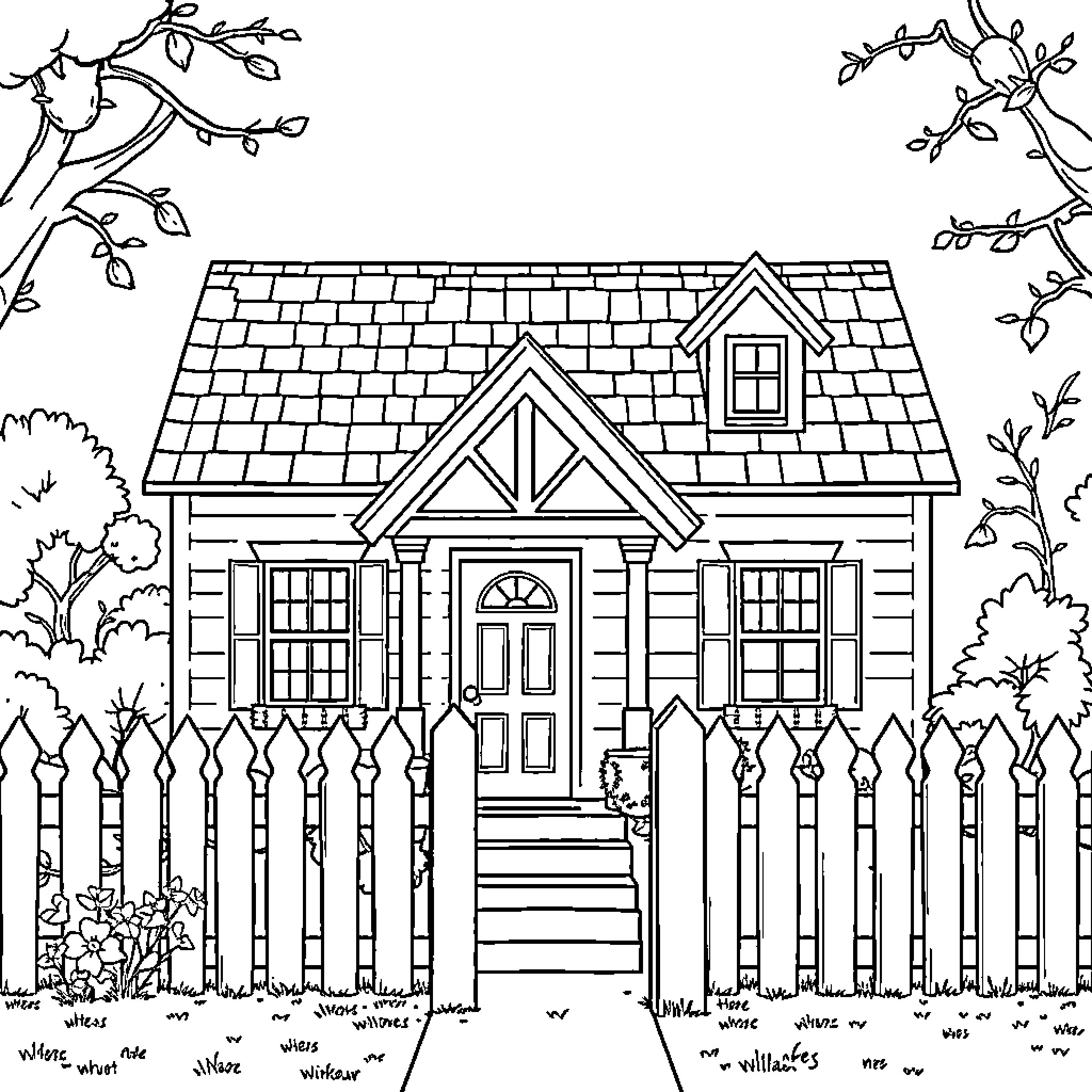 House surrounded by nature and a wooden fence Coloring Page (free black-and-white line drawing printable PDF for all, from beginners to advanced learners, including children, teens, adults, and seniors)