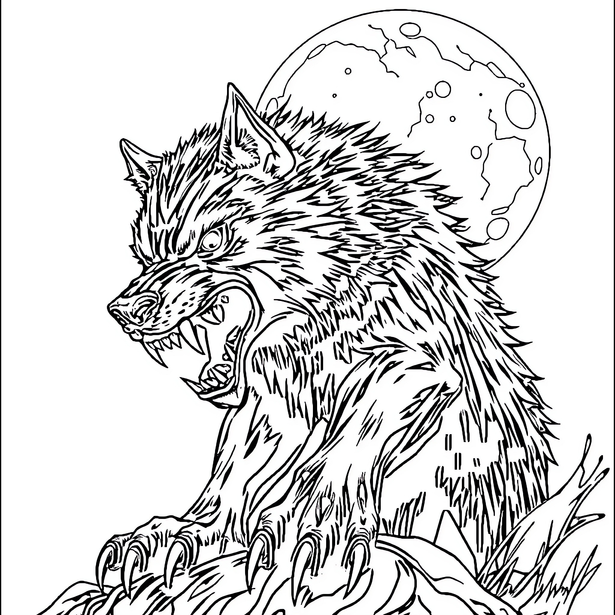 Werewolf howling menacingly under the full moon Coloring Page (free black-and-white line drawing printable PDF for all, from beginners to advanced learners, including children, teens, adults, and seniors)