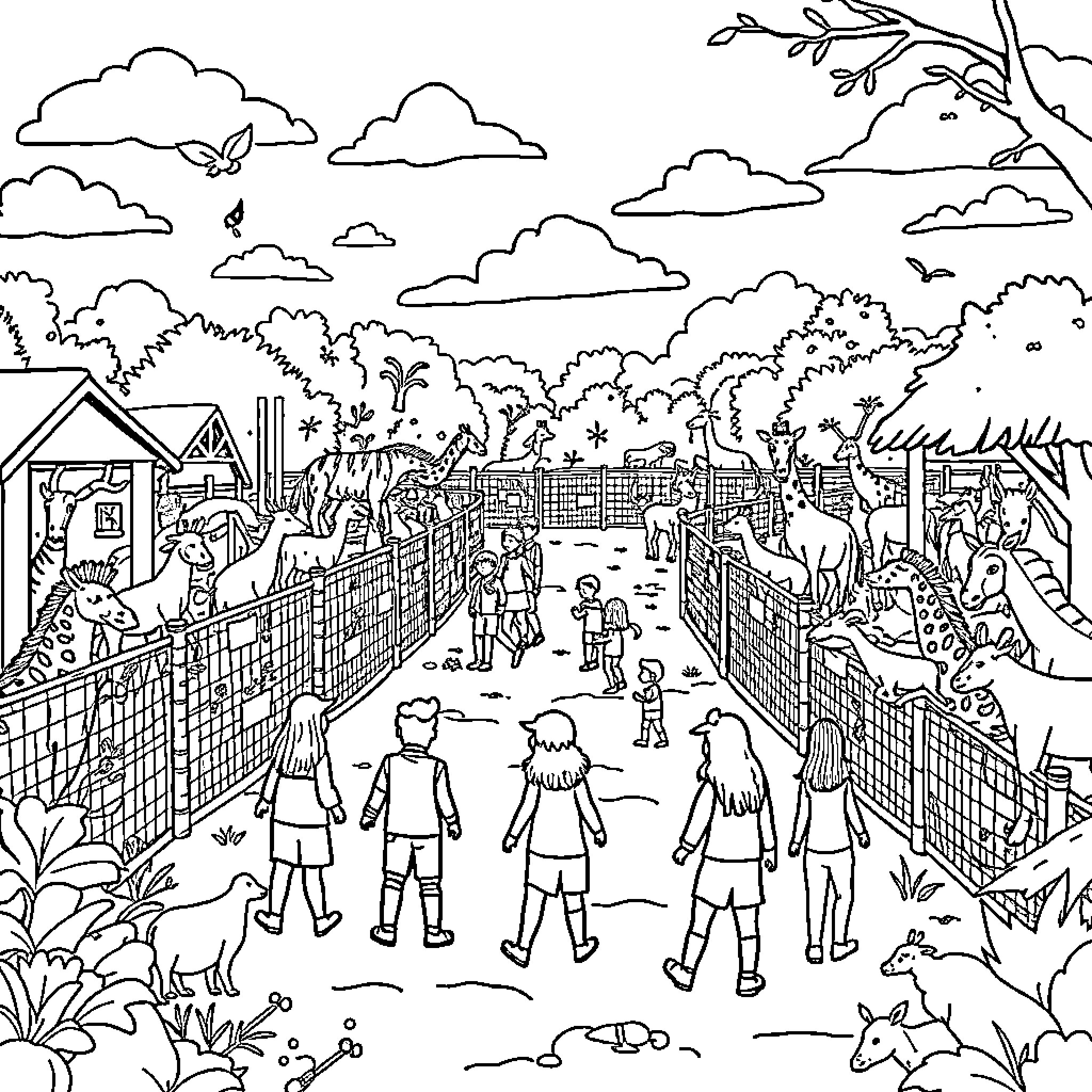 Zoo Scene with Visitors and Animals Coloring Page (free black-and-white line drawing printable PDF for all, from beginners to advanced learners, including children, teens, adults, and seniors)