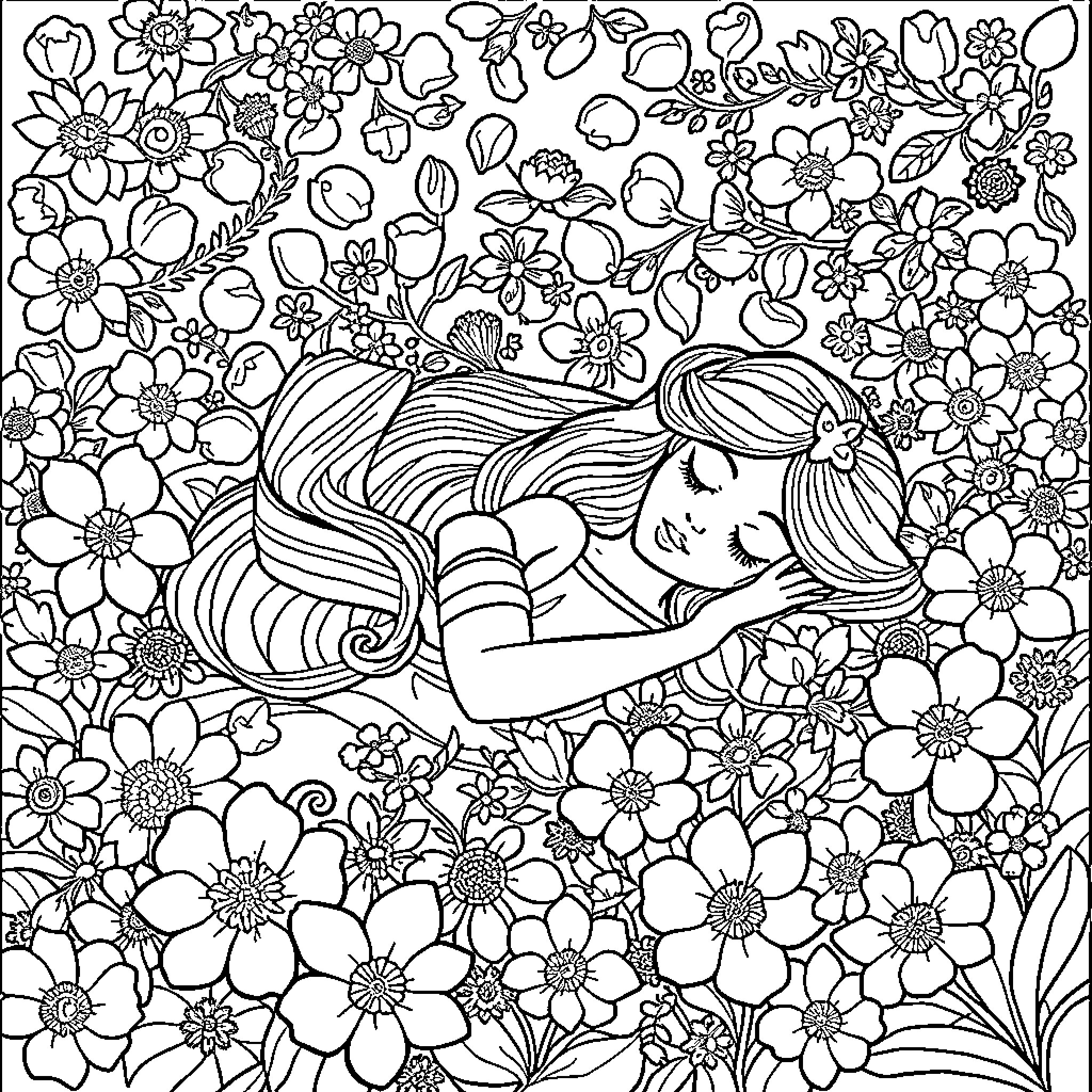 Beauty among Blossoming Flowers Coloring Page (free black-and-white line drawing printable PDF for all, from beginners to advanced learners, including children, teens, adults, and seniors)