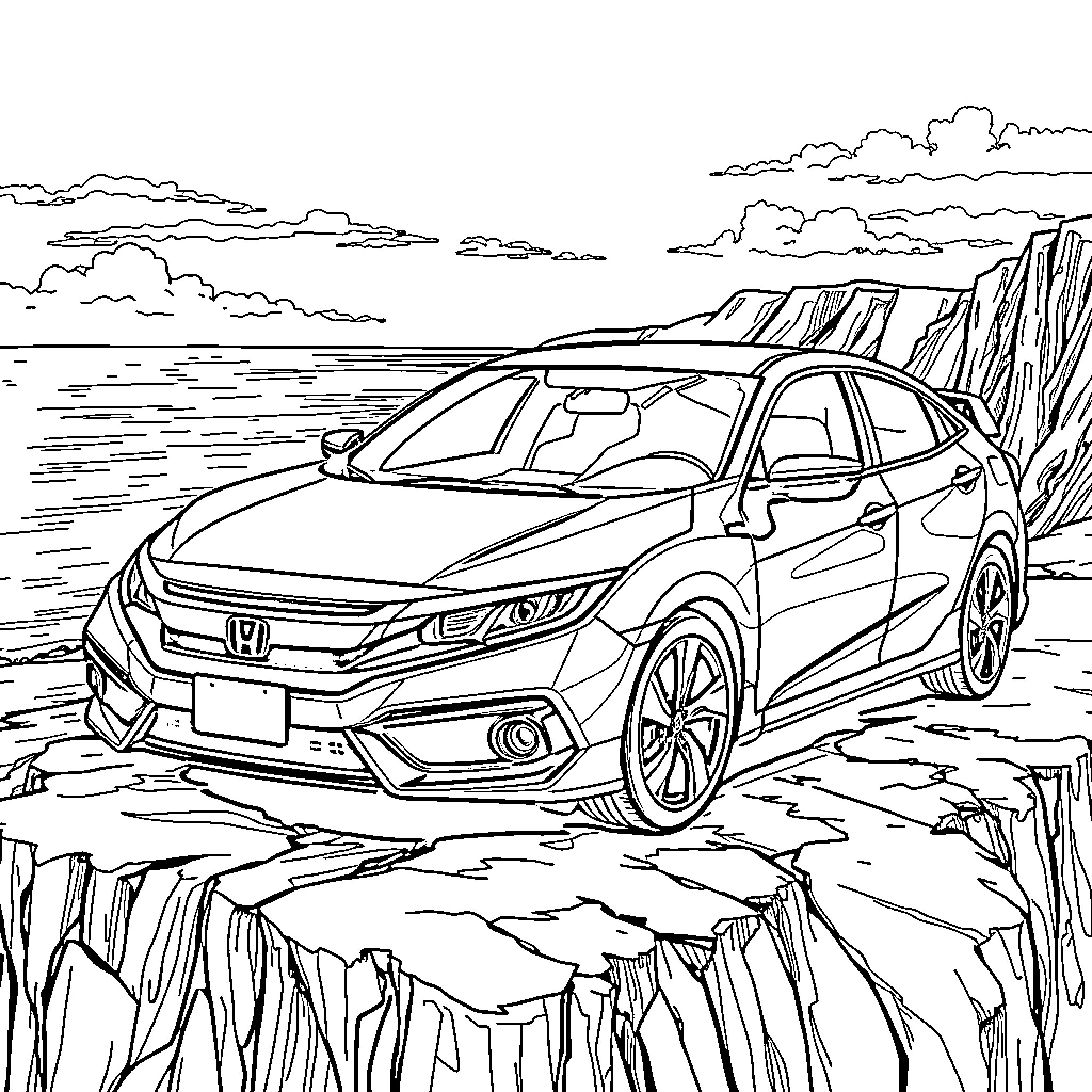Honda Civic on a scenic coastal road Coloring Page (free black-and-white line drawing printable PDF for all, from beginners to advanced learners, including children, teens, adults, and seniors)