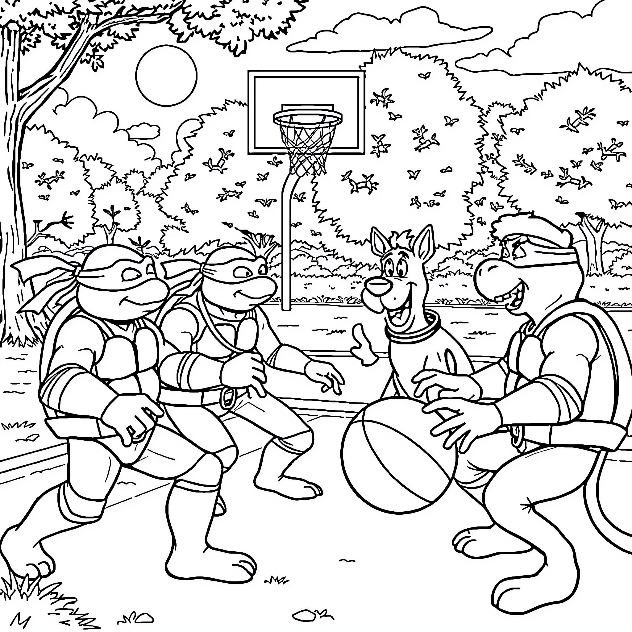 Ninja Turtles playing basketball in the park Coloring Page (free black-and-white line drawing printable PDF for all, from beginners to advanced learners, including children, teens, adults, and seniors)