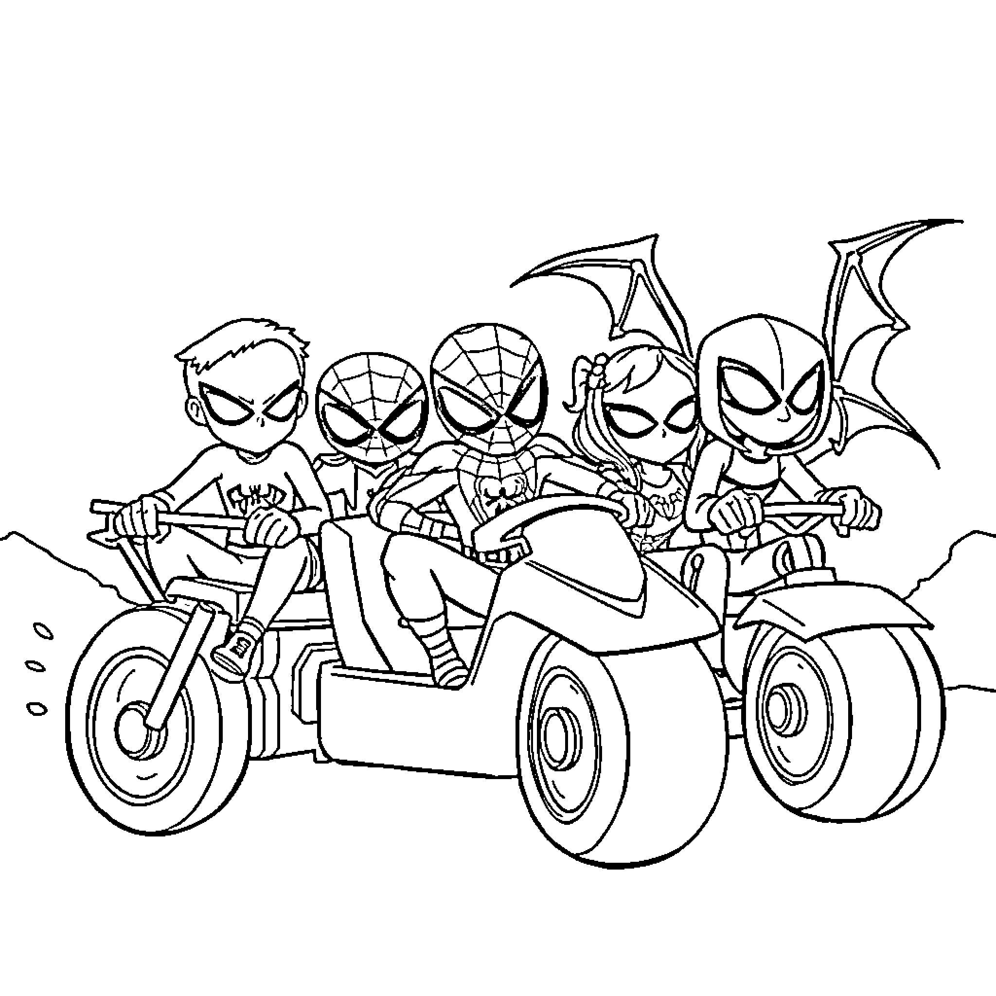 Spidey's Spooky Motorcycle Adventure Coloring Page (free black-and-white line drawing printable PDF for all, from beginners to advanced learners, including children, teens, adults, and seniors)