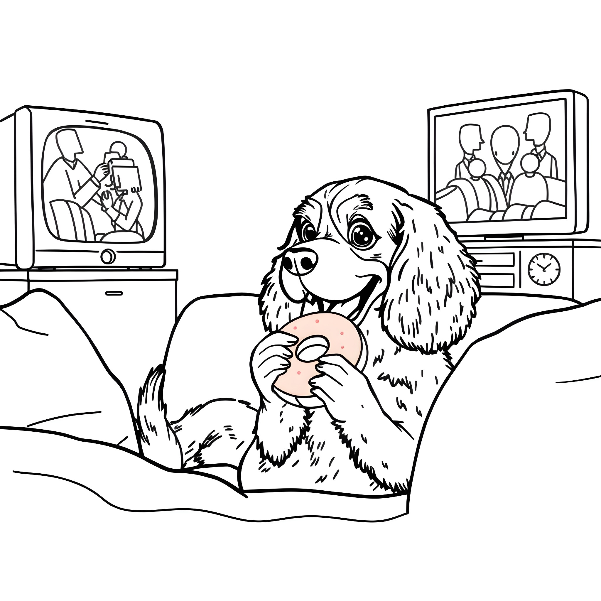 Cocker Spaniel relaxing and watching television Coloring Page (free black-and-white line drawing printable PDF for all, from beginners to advanced learners, including children, teens, adults, and seniors)
