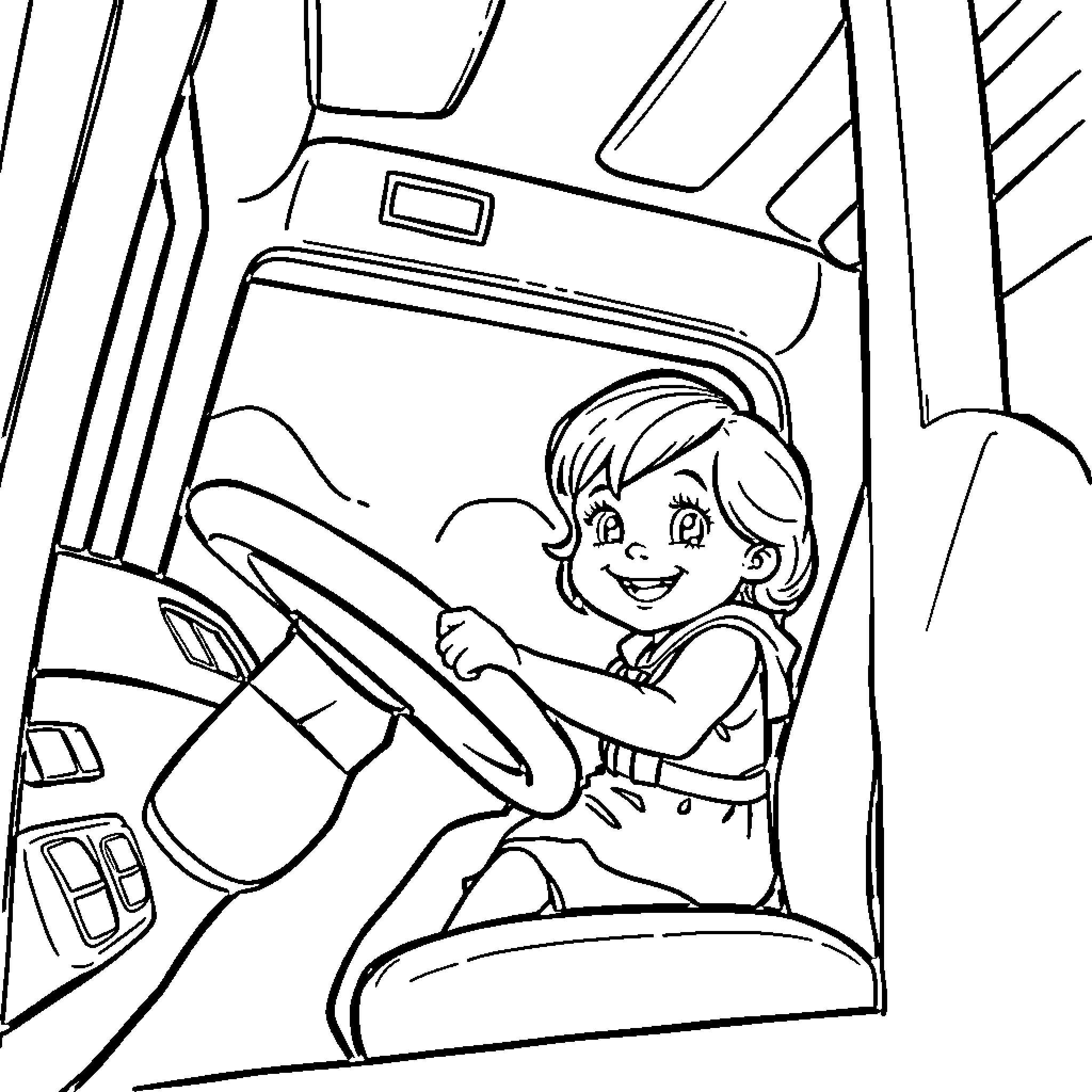Baby Girl Driving a Bus with Joy Coloring Page (free black-and-white line drawing printable PDF for all, from beginners to advanced learners, including children, teens, adults, and seniors)