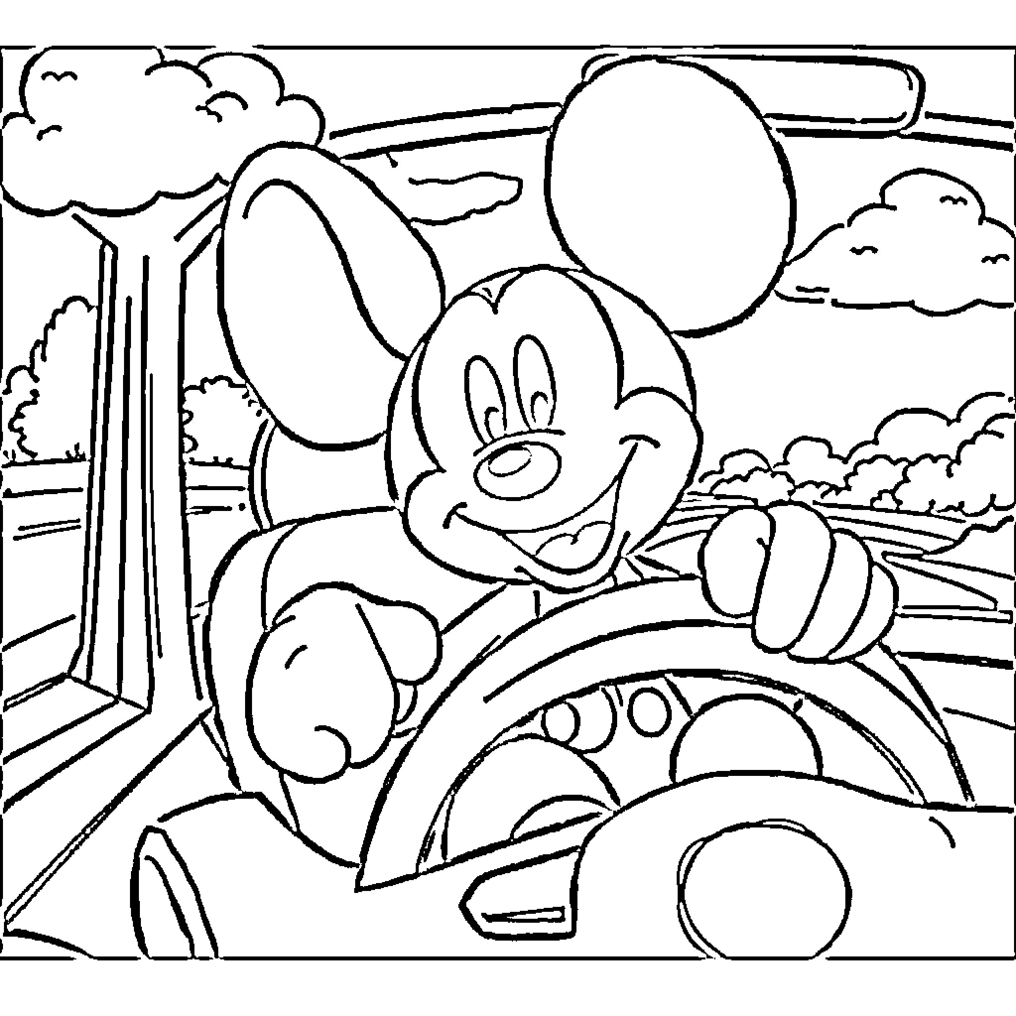 Mickey Mouse Driving Joyfully Through the Countryside Coloring Page (free black-and-white line drawing printable PDF for all, from beginners to advanced learners, including children, teens, adults, and seniors)