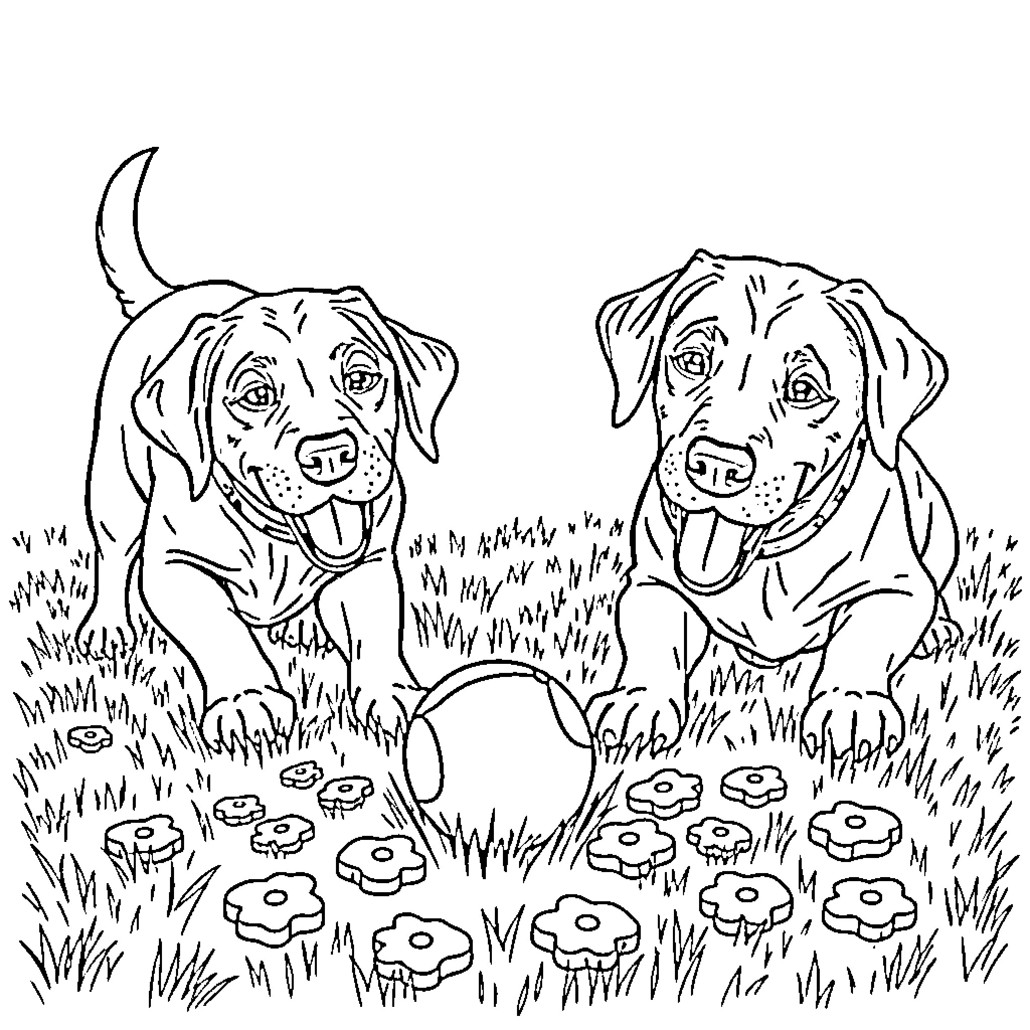 Labrador dogs playing in a flower-filled meadow Coloring Page (free black-and-white line drawing printable PDF for all, from beginners to advanced learners, including children, teens, adults, and seniors)