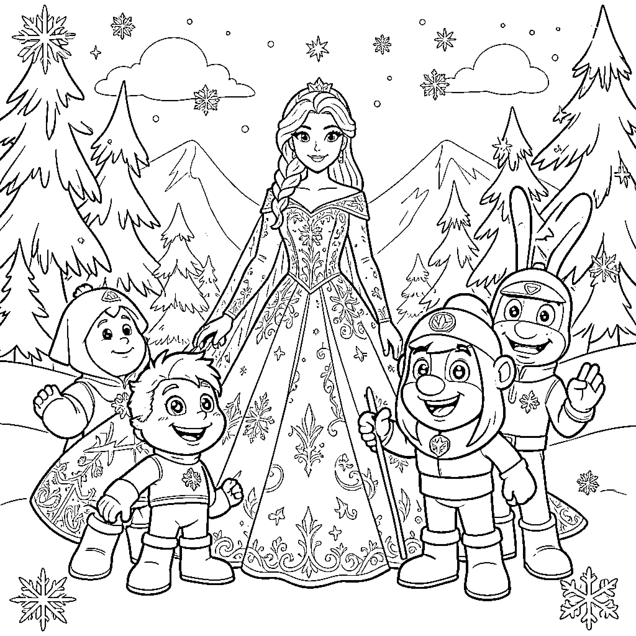 Queen standing gracefully among forest friends in winter Coloring Page (free black-and-white line drawing printable PDF for all, from beginners to advanced learners, including children, teens, adults, and seniors)