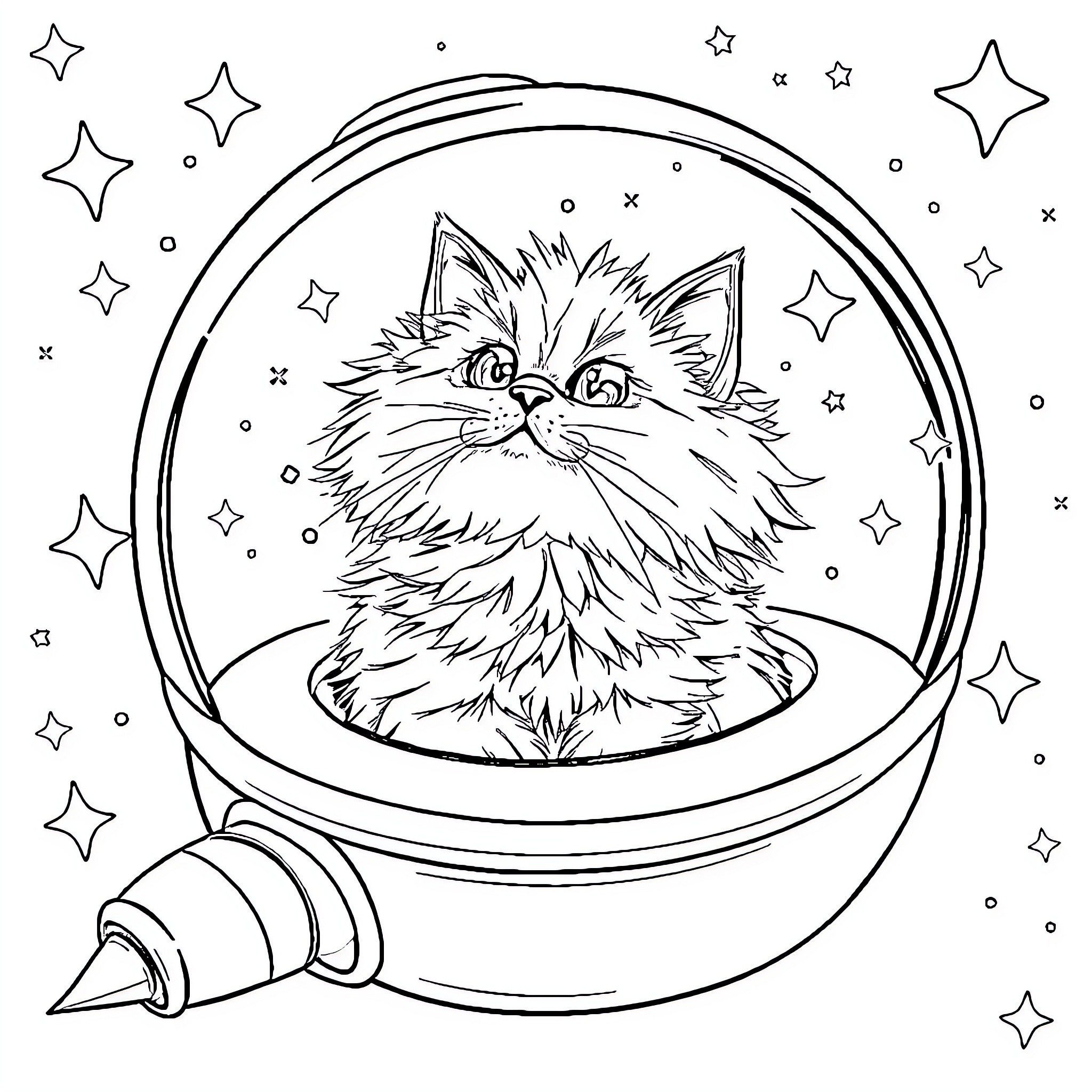 Cat in a Cosmic Capsule Coloring Page (free black-and-white line drawing printable PDF for all, from beginners to advanced learners, including children, teens, adults, and seniors)