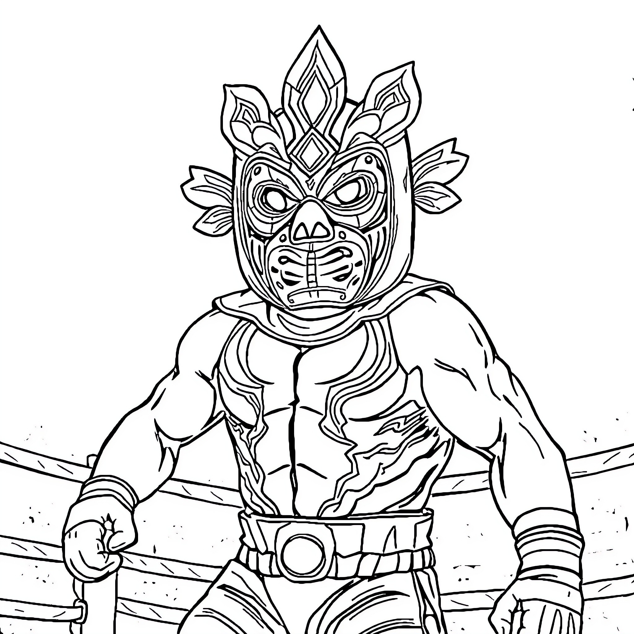 Luchador mask and wrestling attire Coloring Page (free black-and-white line drawing printable PDF for all, from beginners to advanced learners, including children, teens, adults, and seniors)