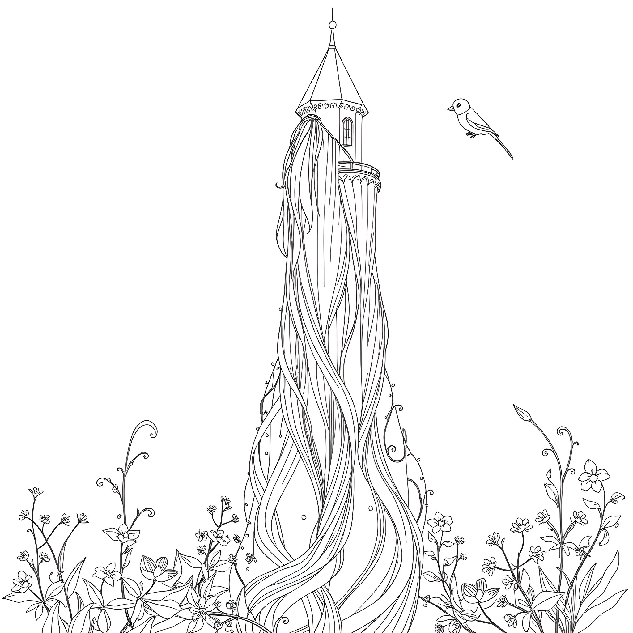 Rapunzel's tower amidst a floral garden Coloring Page (free black-and-white line drawing printable PDF for all, from beginners to advanced learners, including children, teens, adults, and seniors)