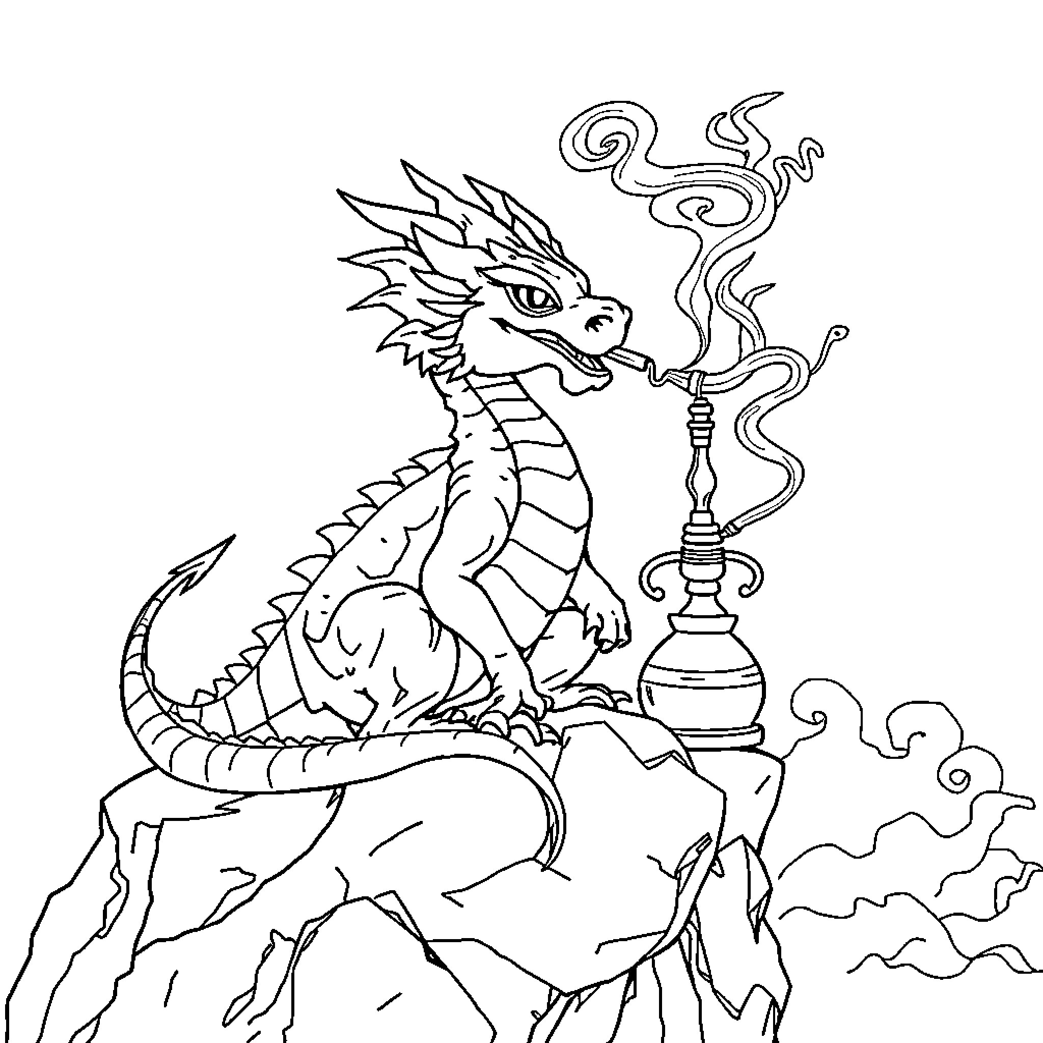 Dragon with Ornate Lantern on Clifftop Coloring Page (free black-and-white line drawing printable PDF for all, from beginners to advanced learners, including children, teens, adults, and seniors)