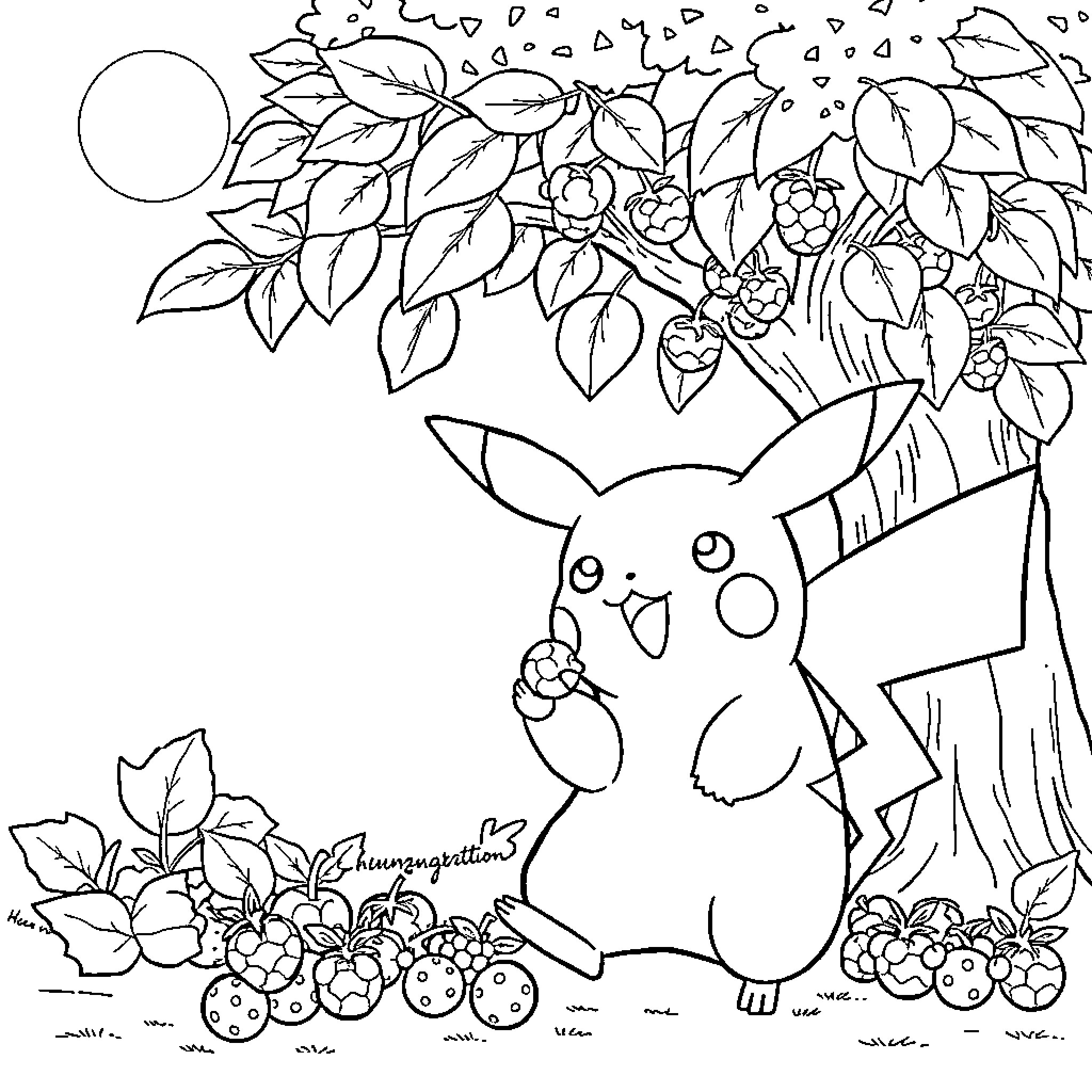 Pikachu exploring a lush, floral environment Coloring Page (free black-and-white line drawing printable PDF for all, from beginners to advanced learners, including children, teens, adults, and seniors)