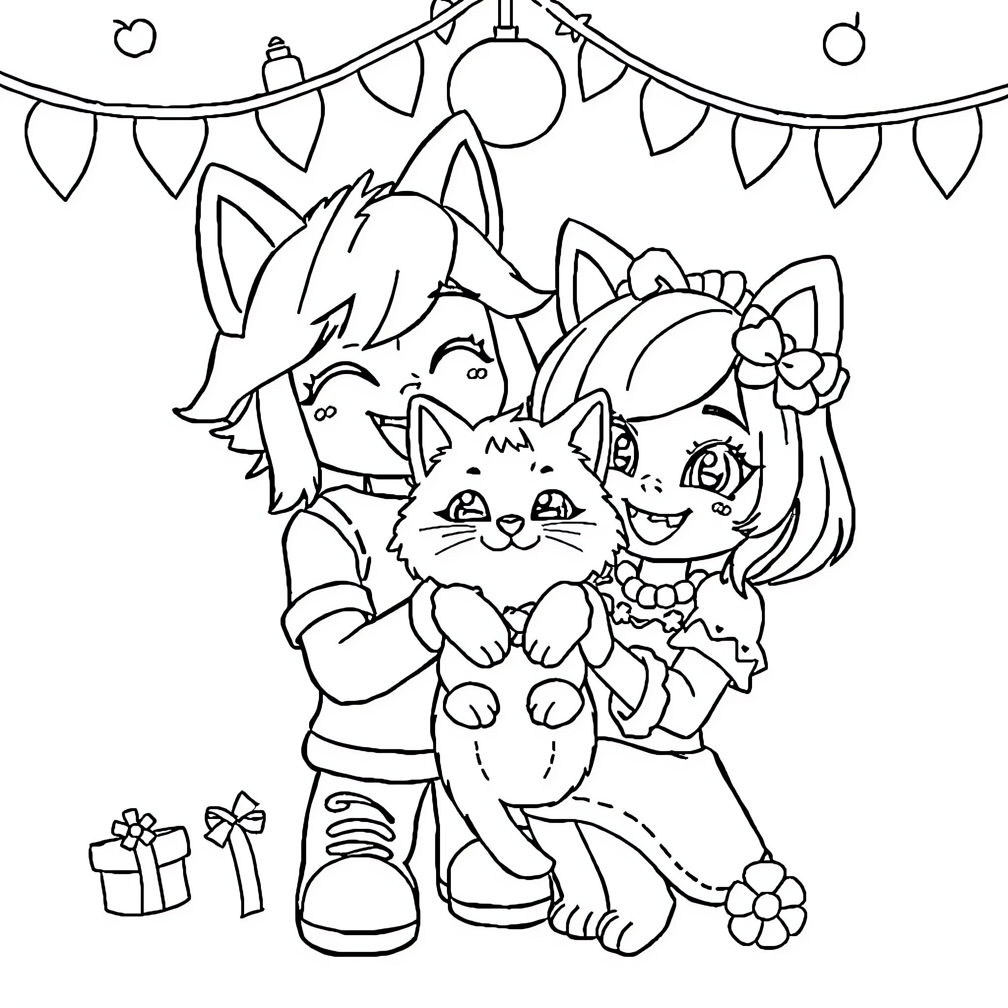 Aphmau and friends celebrate with cats and decorations Coloring Page (free black-and-white line drawing printable PDF for all, from beginners to advanced learners, including children, teens, adults, and seniors)