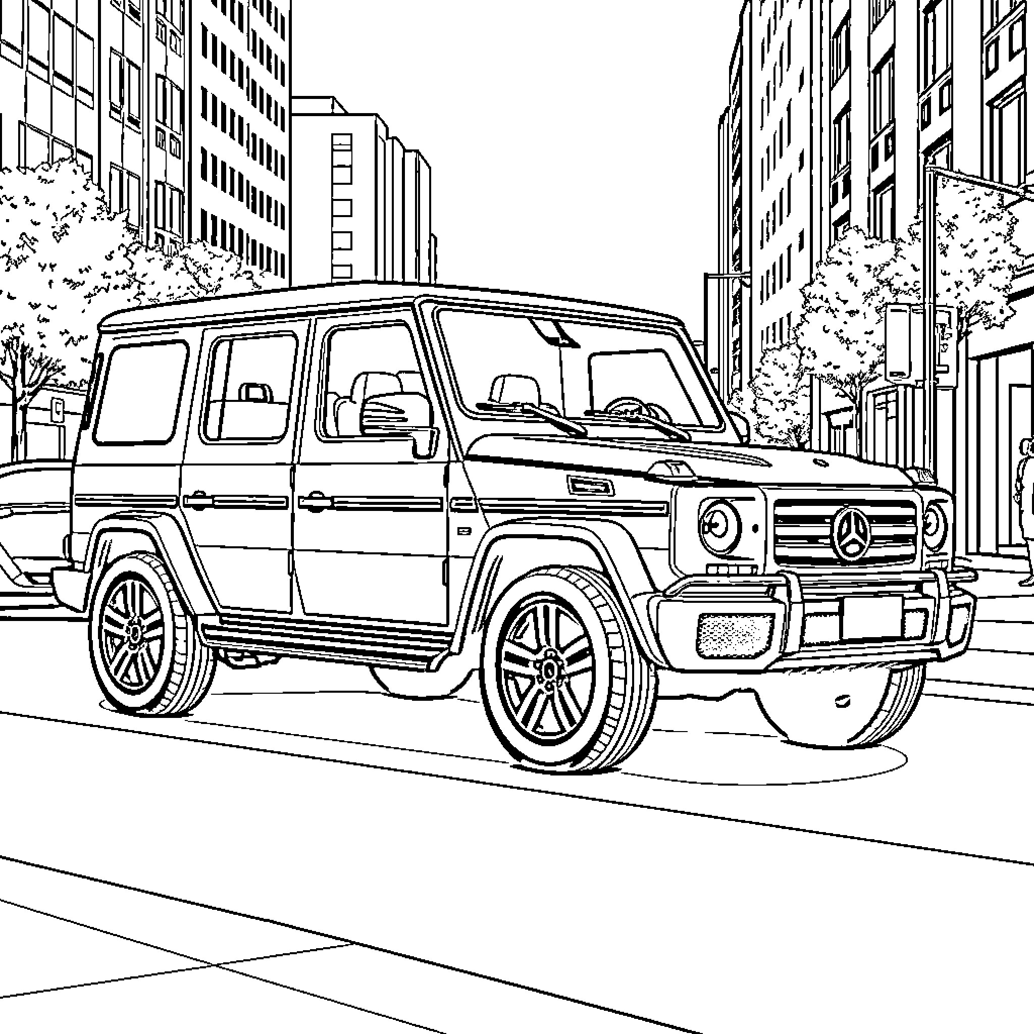 G Wagon Parked on City Street Coloring Page (free black-and-white line drawing printable PDF for all, from beginners to advanced learners, including children, teens, adults, and seniors)