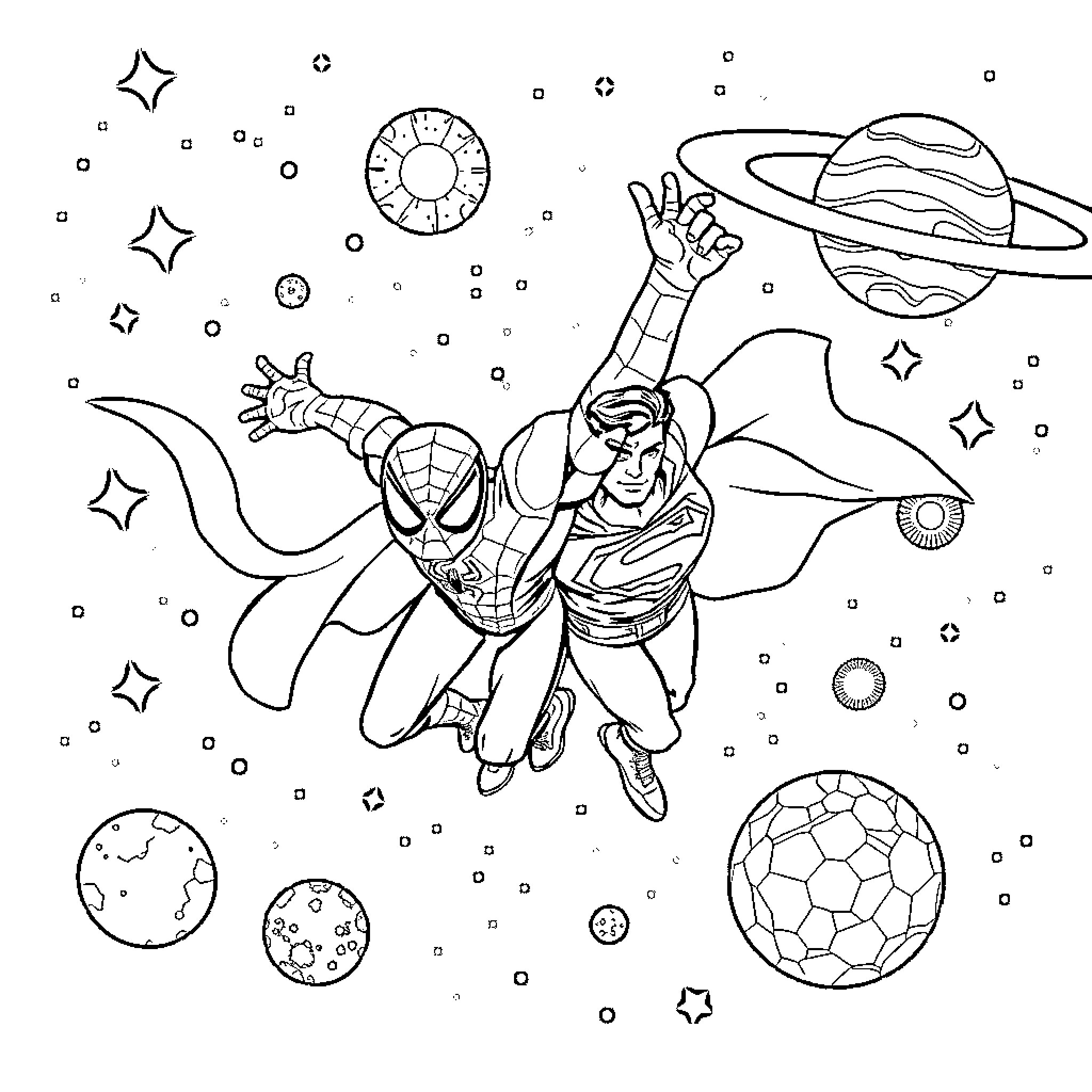 Spider-Man swinging through the cosmic space Coloring Page (free black-and-white line drawing printable PDF for all, from beginners to advanced learners, including children, teens, adults, and seniors)