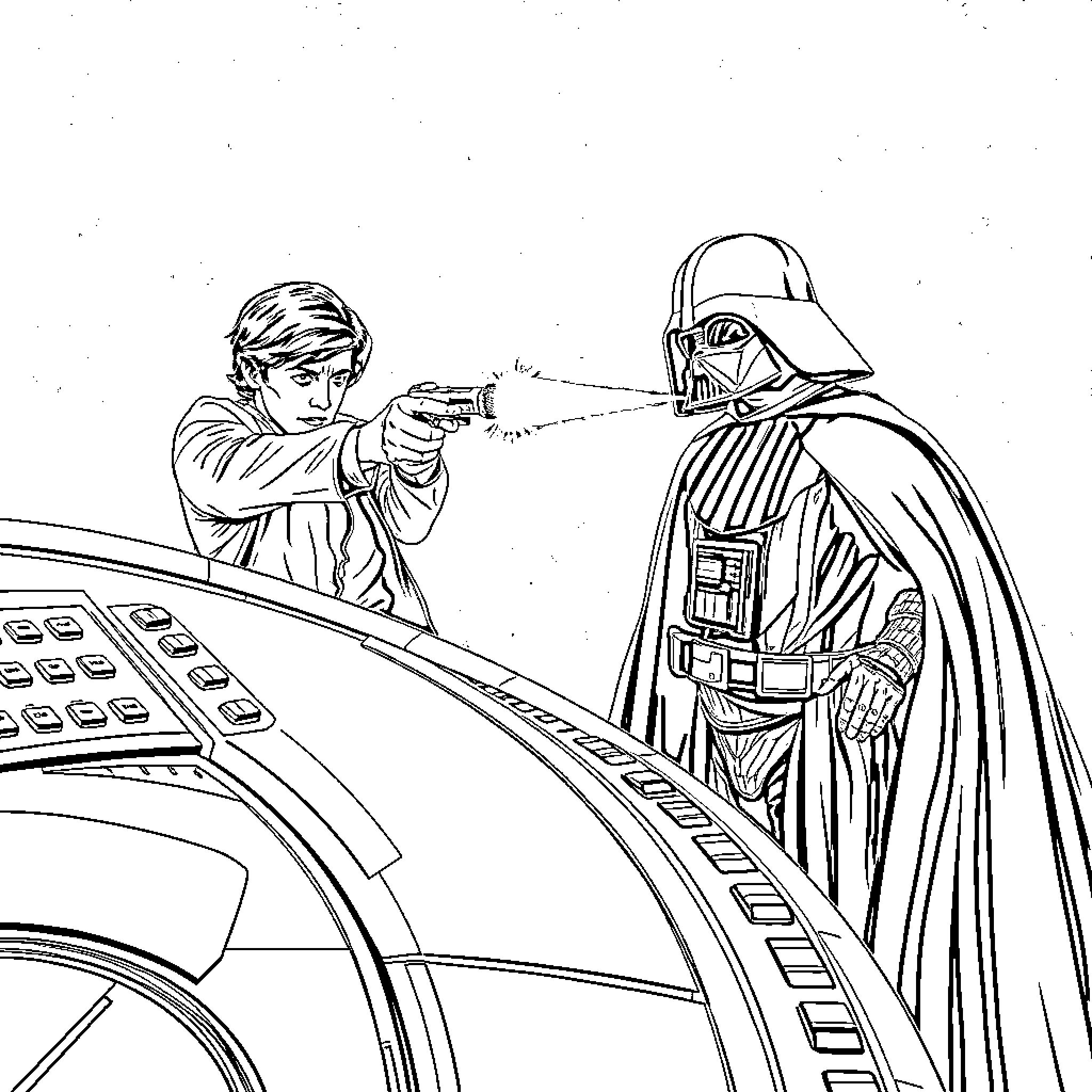 Han Solo confronting Darth Vader in the control room Coloring Page (free black-and-white line drawing printable PDF for all, from beginners to advanced learners, including children, teens, adults, and seniors)